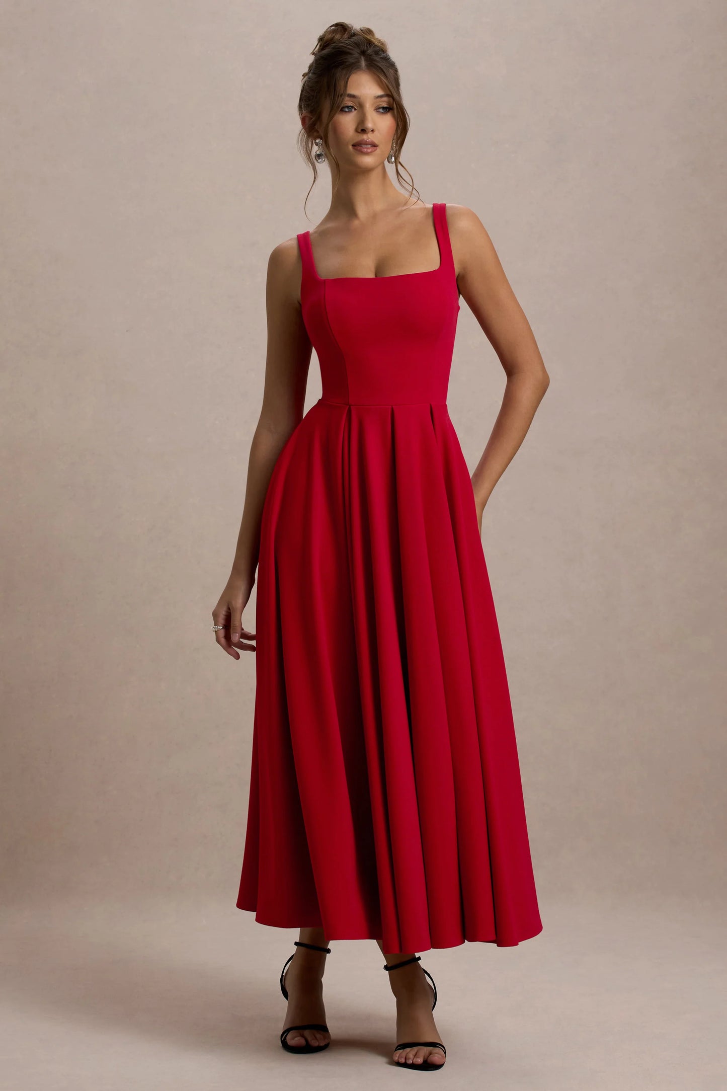 Parina Red Strappy Volume-Hem Midi Dress
