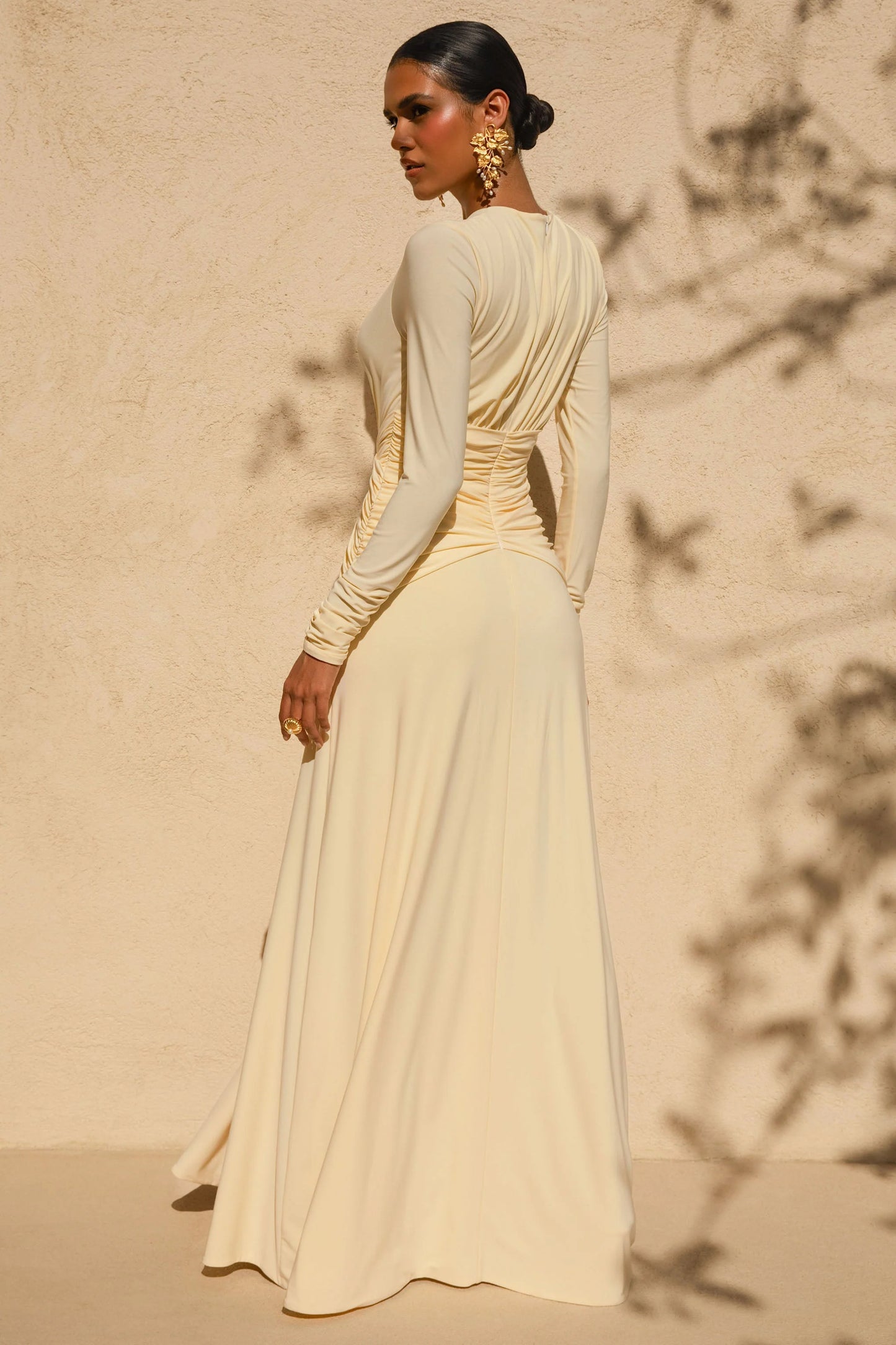 With Me Lemon High-Neck Maxi Dress With Ruched Detailing