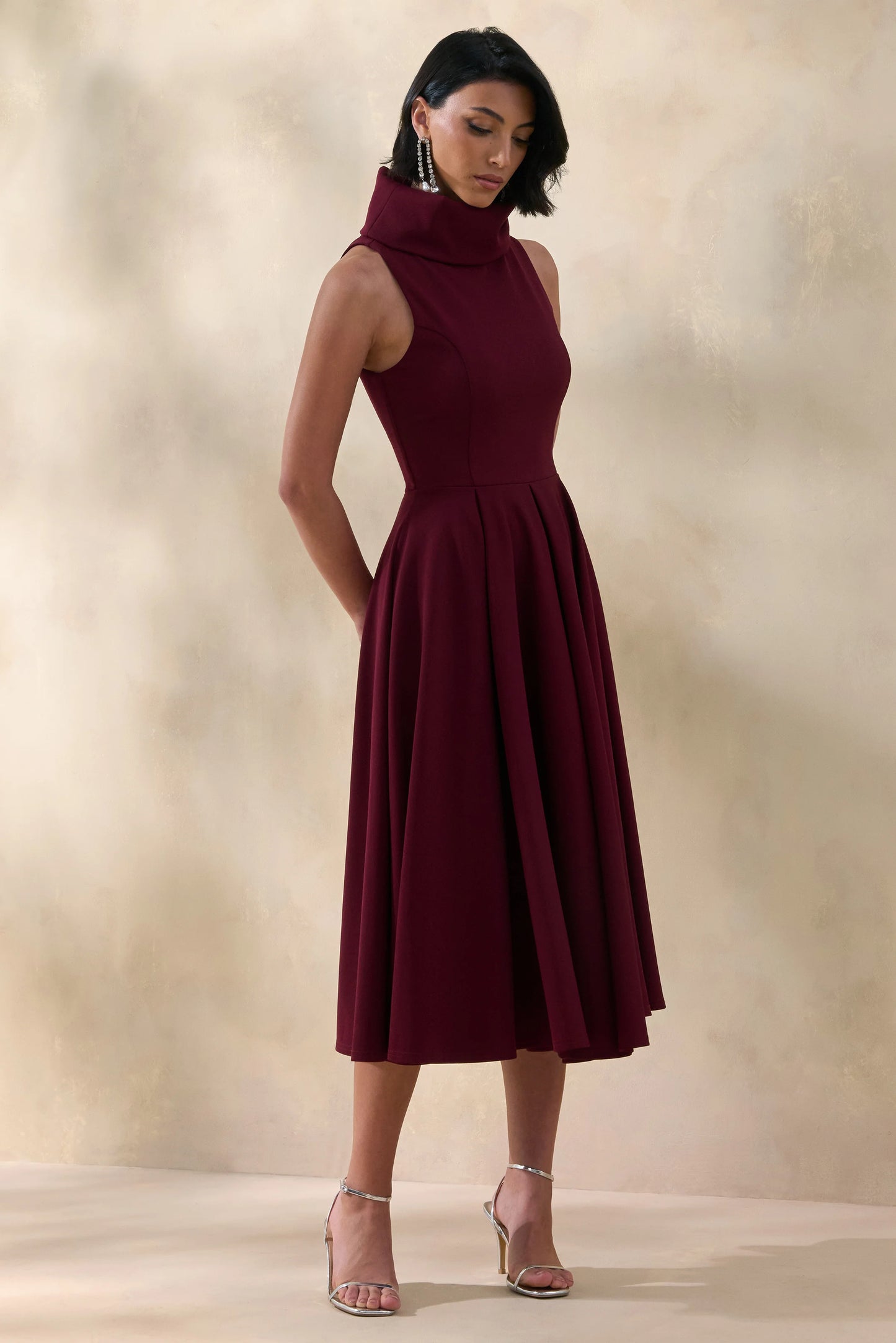 Exclusivity Burgundy High-Neck Midi Dress