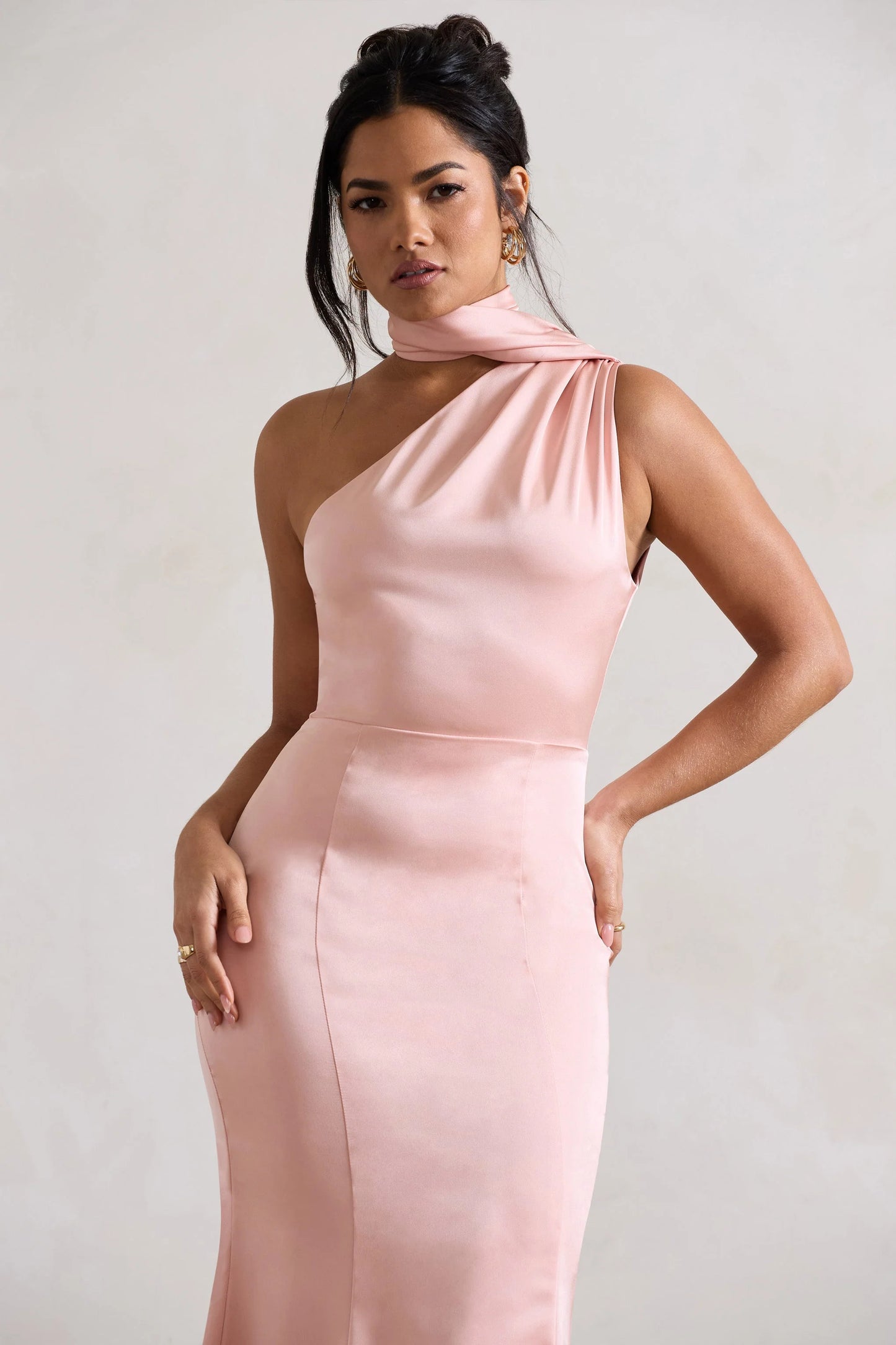 Golden Girl Blush Pink Satin One Shoulder High-Neck Flared Midi Dress