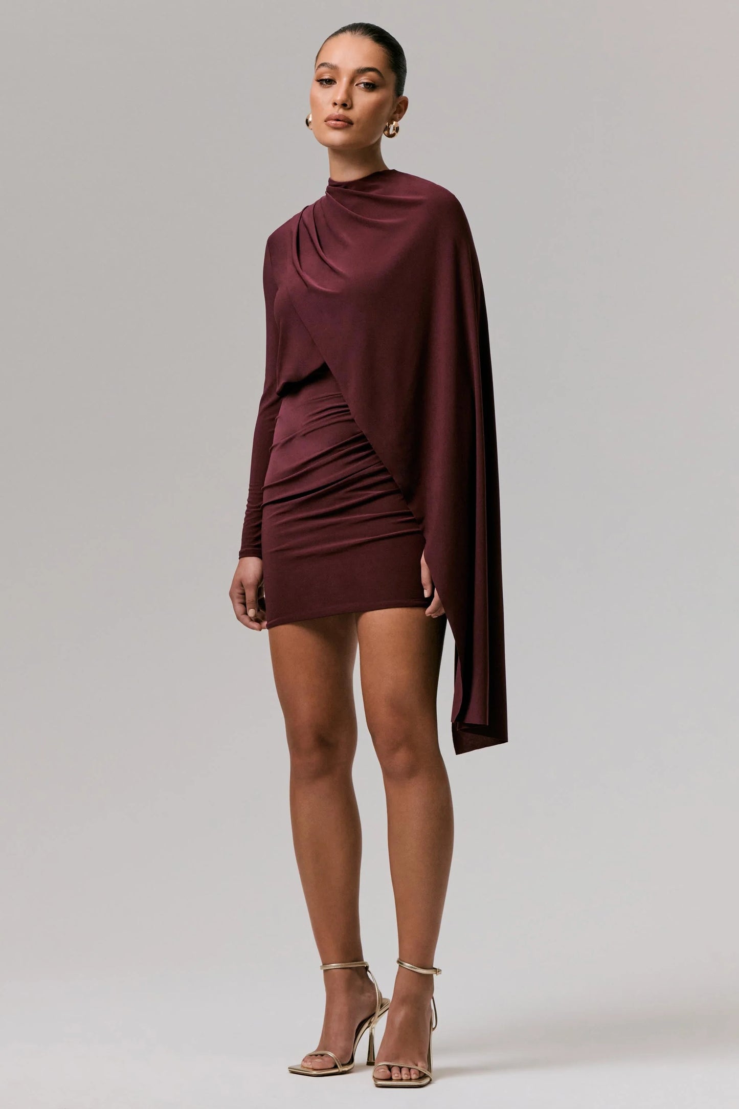 Celeste Burgundy Long-Sleeve Mini Dress With Cape Sleeve
