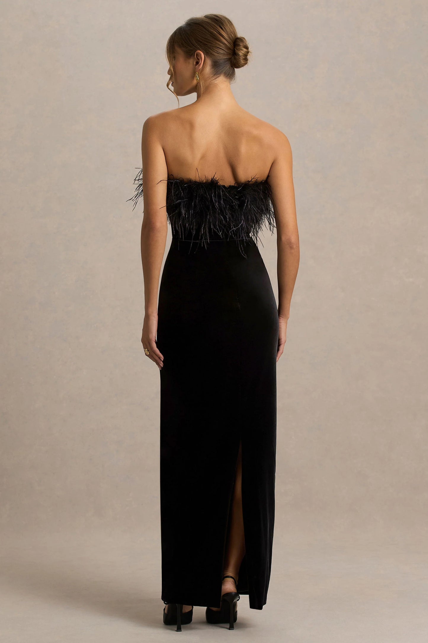 Arella Black Velvet Bandeau Maxi Dress With Feather Trim