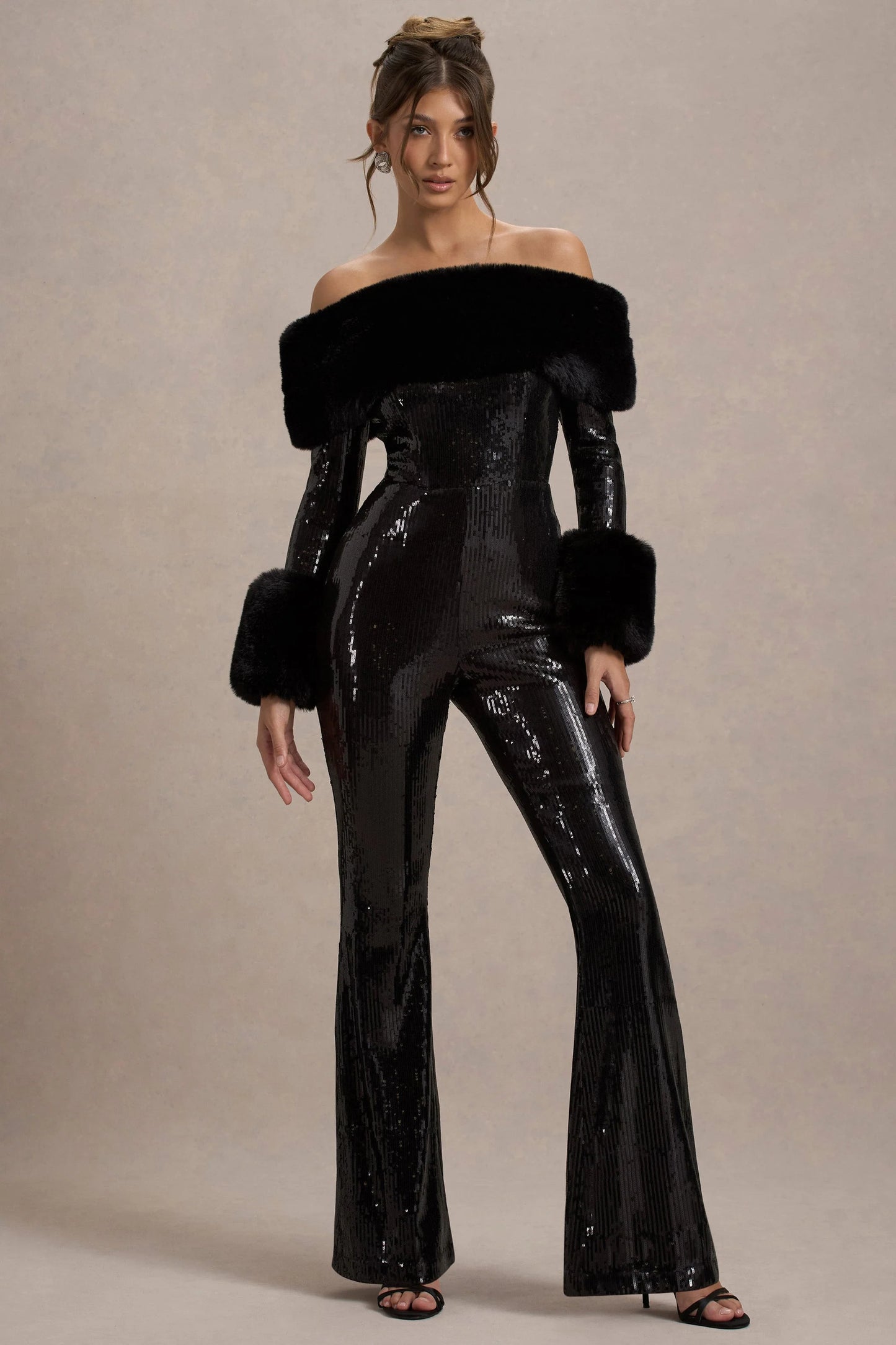 Lunar Black Sequin Bardot Flared-Leg Jumpsuit With Fur