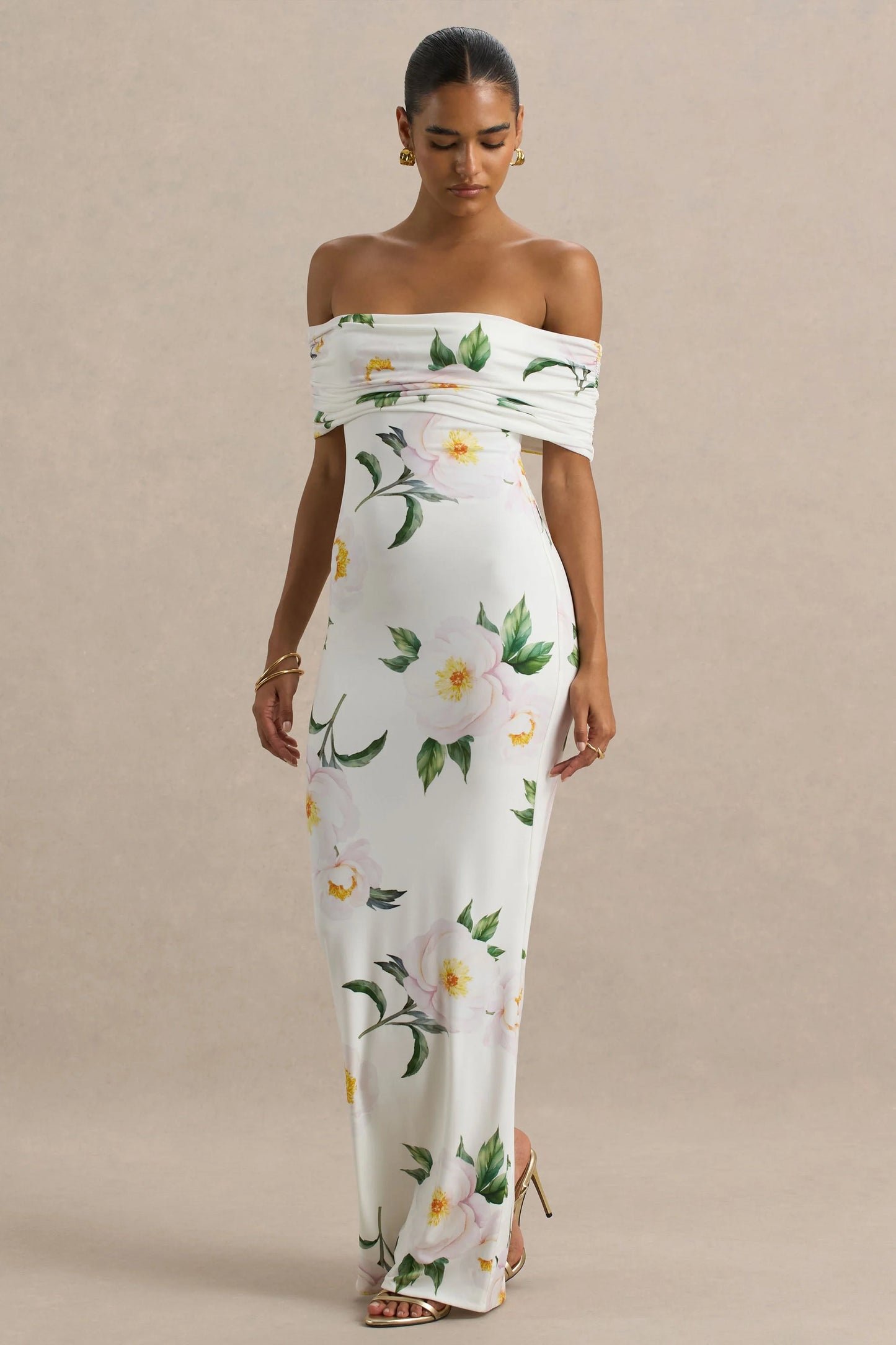 Capri White Rose Print Bardot-Neck Maxi Dress With Ruched Detailing