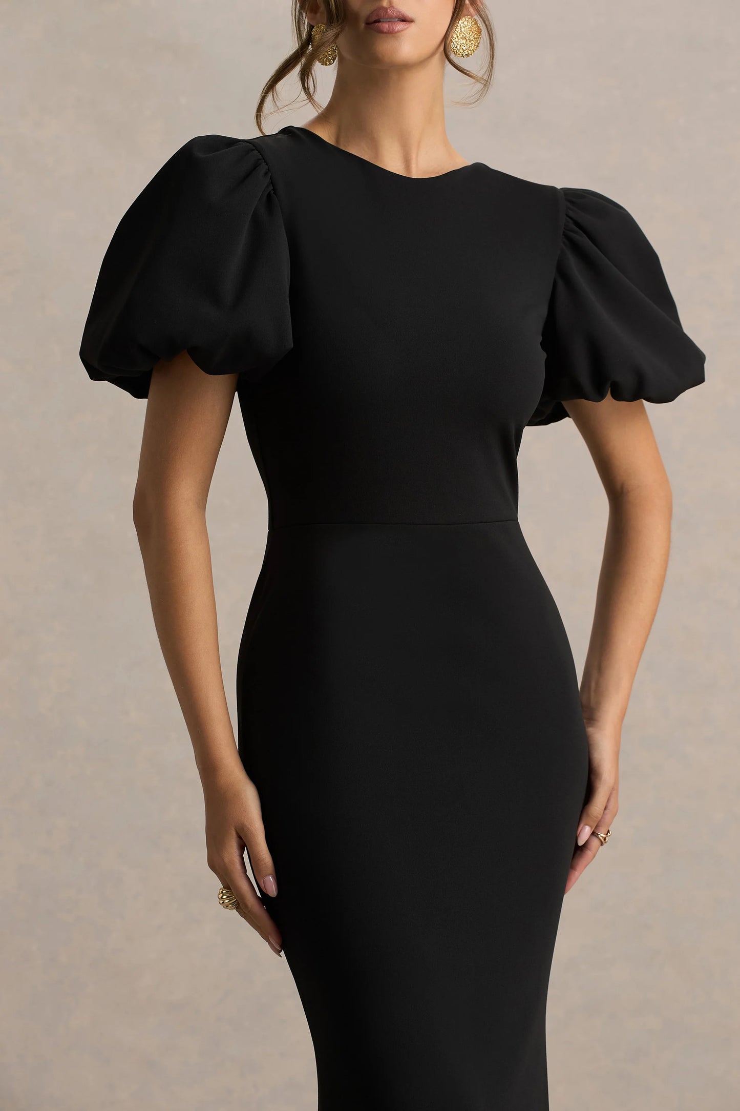 Carolina Black Puff-Sleeve Maxi Dress With White Bow Detail