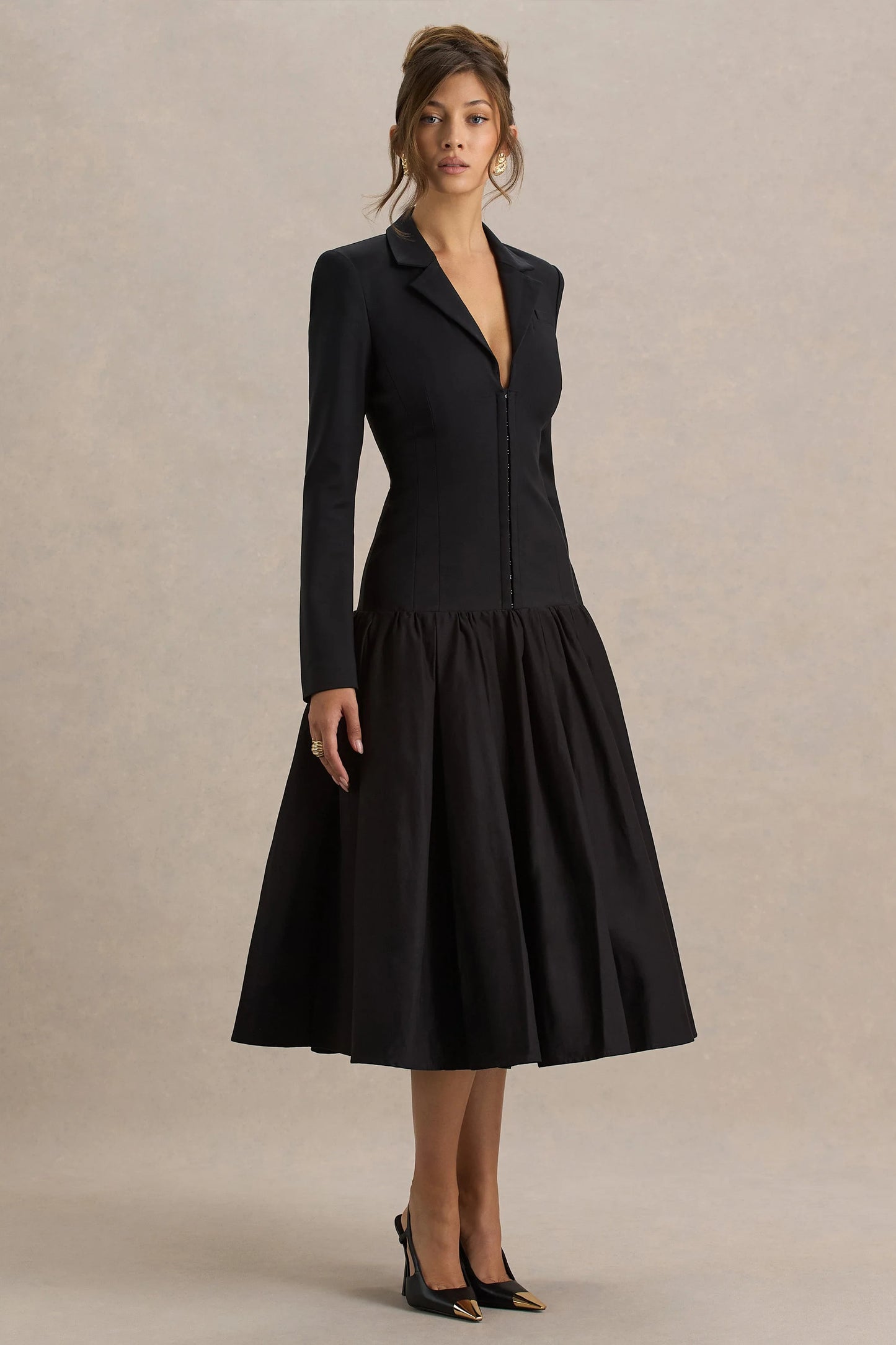 Cosmopolitan Black Plunge-Neck Tailored Midi Dress With Pleated Hem
