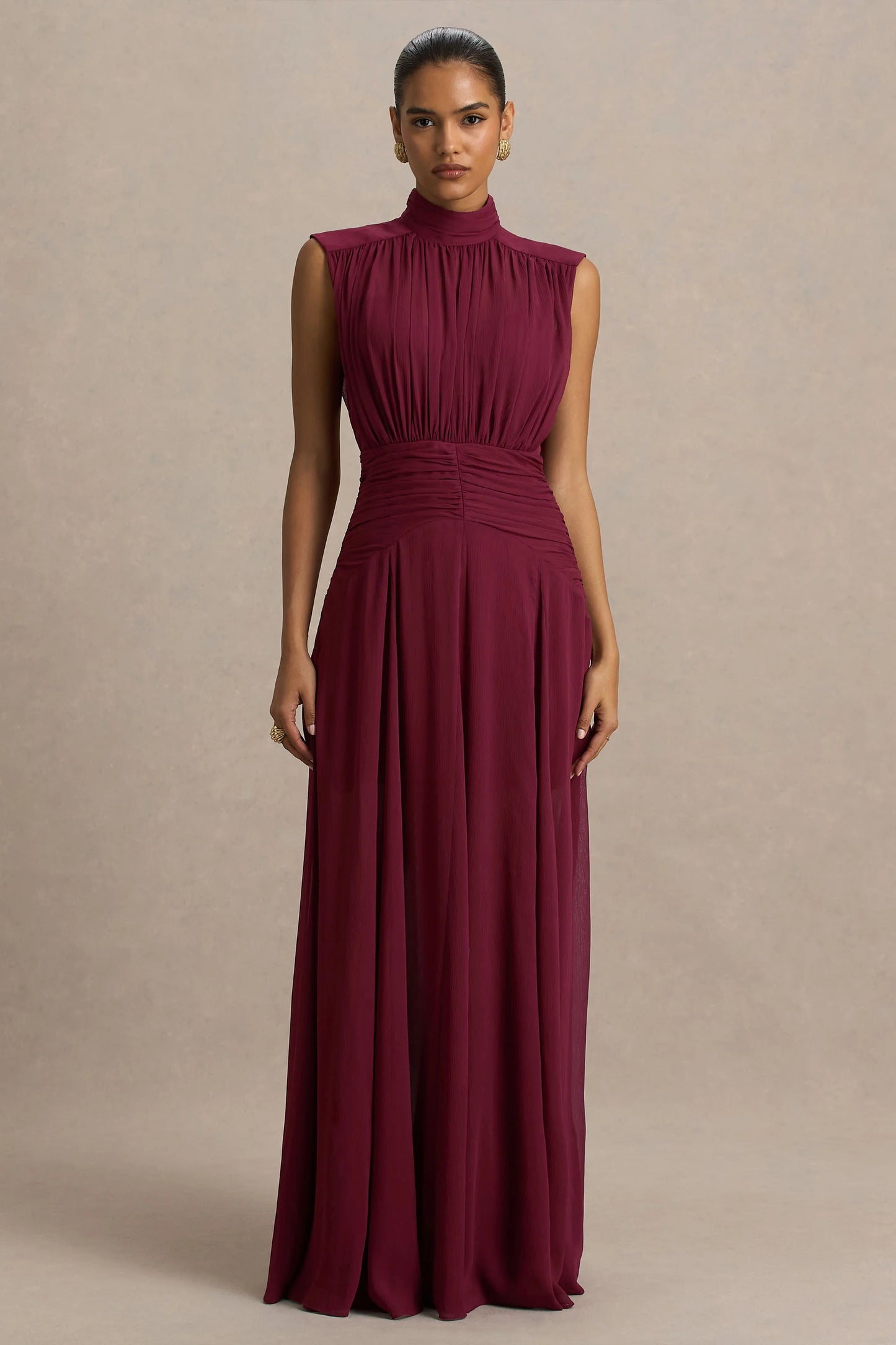Melanina Burgundy High-Neck Maxi Dress With Ruched Detailing