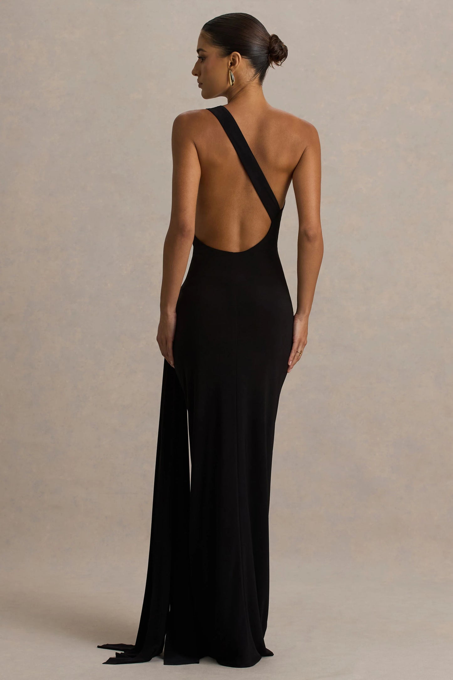 Bonnie Black Asymmetric-Neck Maxi Dress With Open-Back