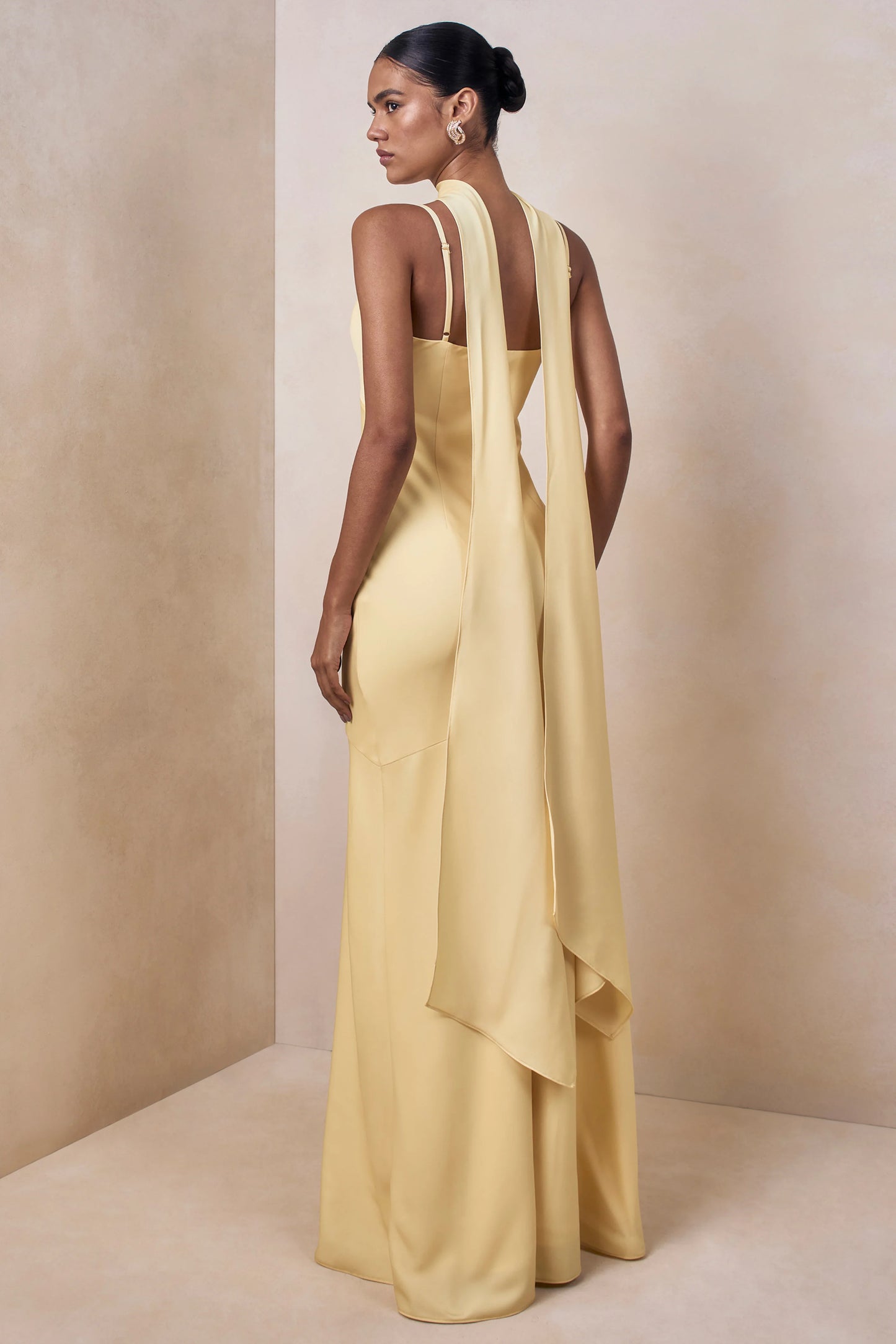 Starling Lemon Matte Satin Plunge-Neck Maxi Dress With Scarf-Detail