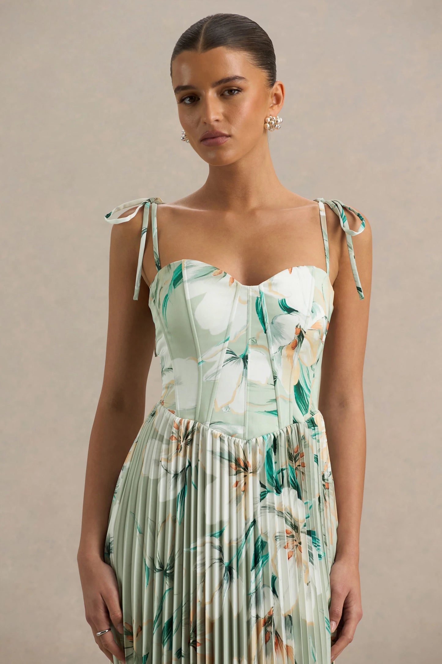 Peyton Green Floral Print Satin Sweetheart-Neck Midi Dress With Pleated Details