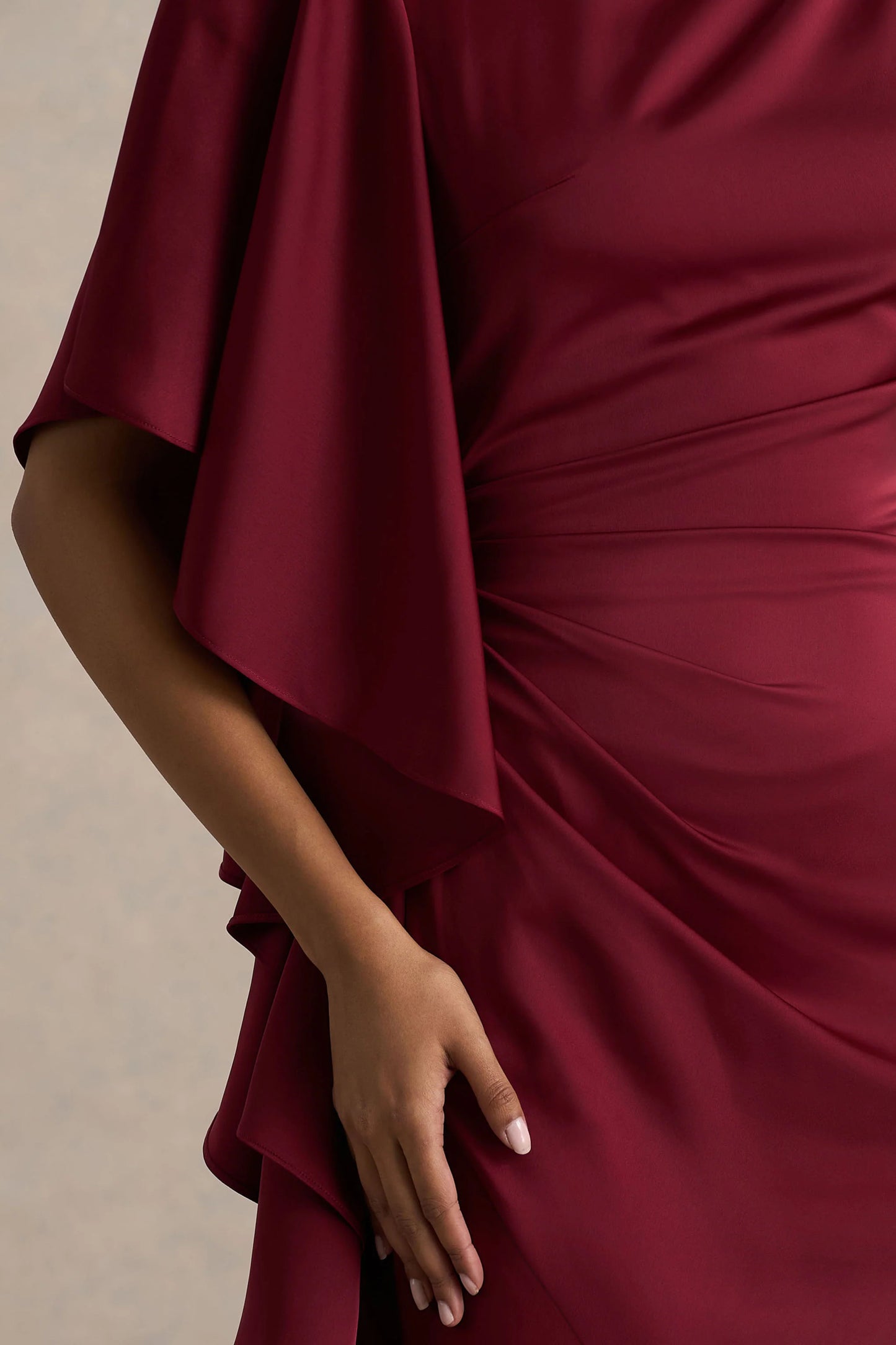 Rosy Burgundy Satin Boat-Neck Maxi Dress With Front Split And Ruffled Detailing