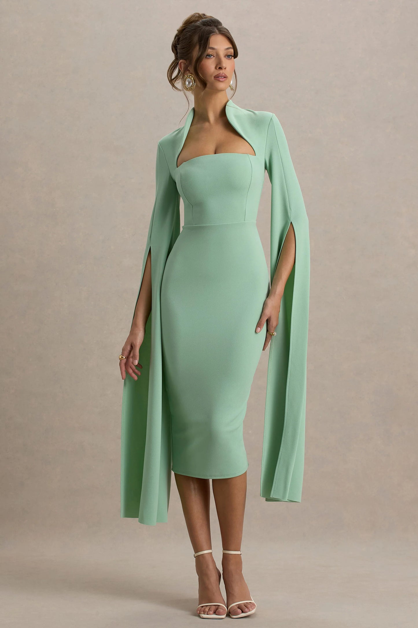 Linden Light Green Bodycon Cape-Sleeve Midi Dress