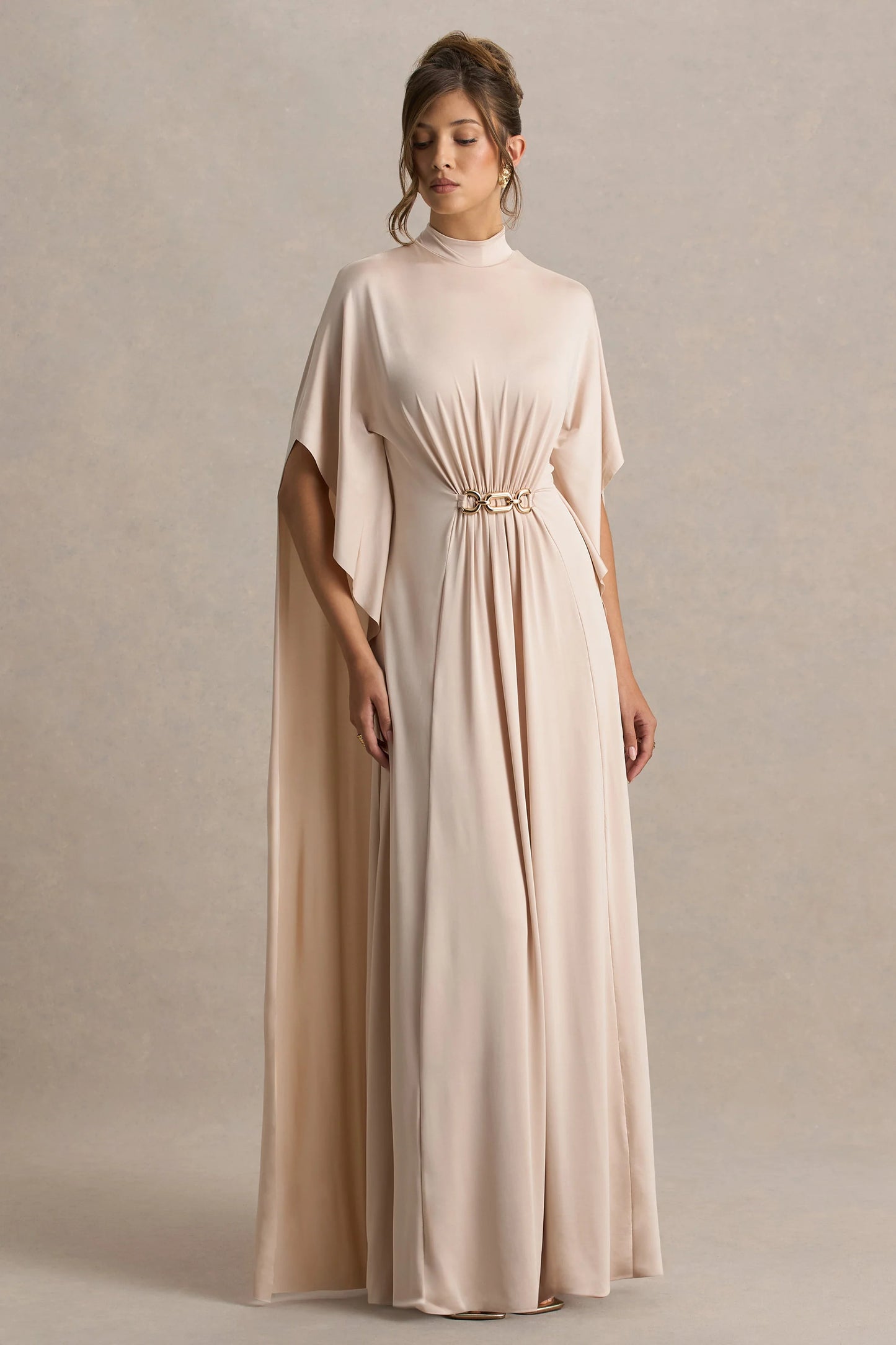 Olessia Champagne Belted Gathered Cape-Sleeve Maxi Dress