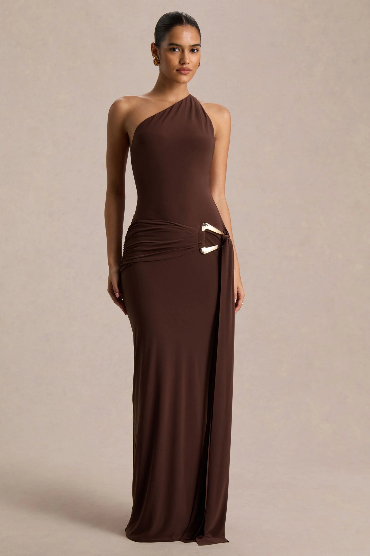 Bonnie Brown Asymmetric-Neck Maxi Dress With Open-Back