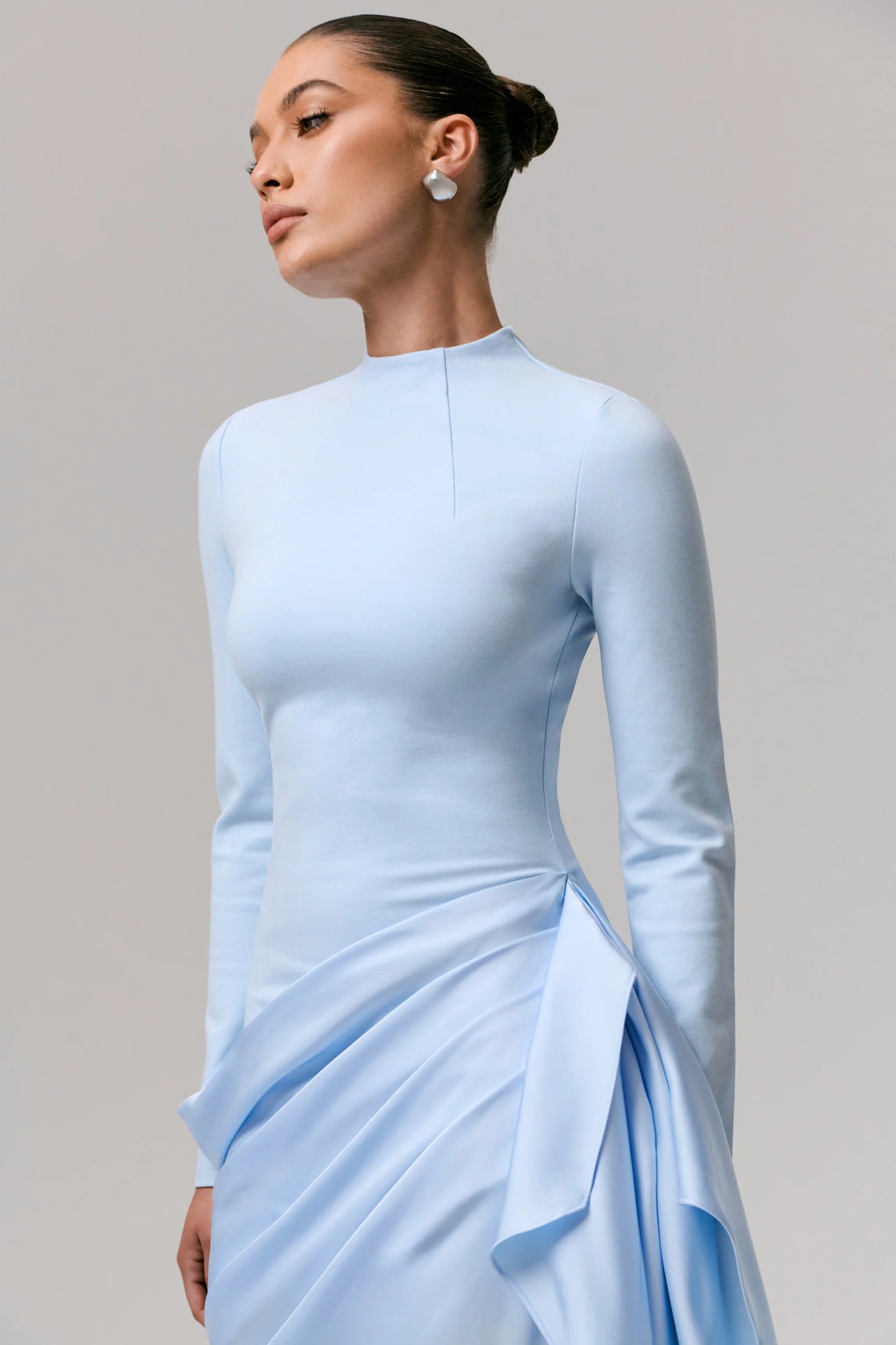 Raffie Powder Blue Long-Sleeve Midi Dress With Satin Wrap Skirt