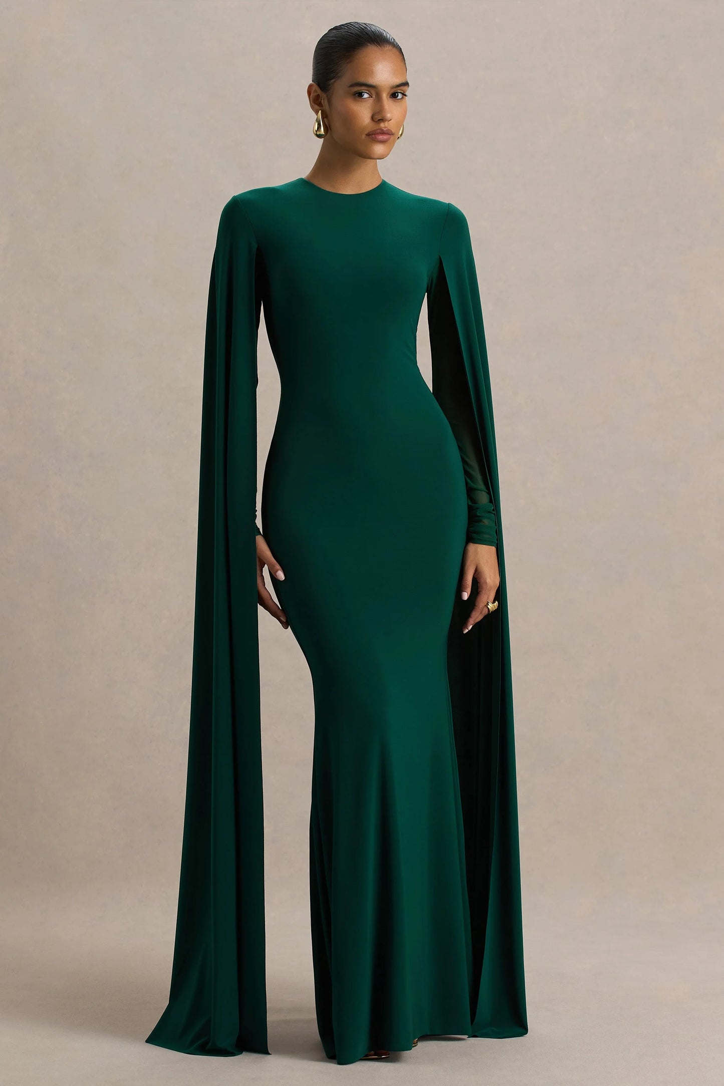 Isla Bottle Green Crew-Neck Maxi Dress With Cape Sleeve