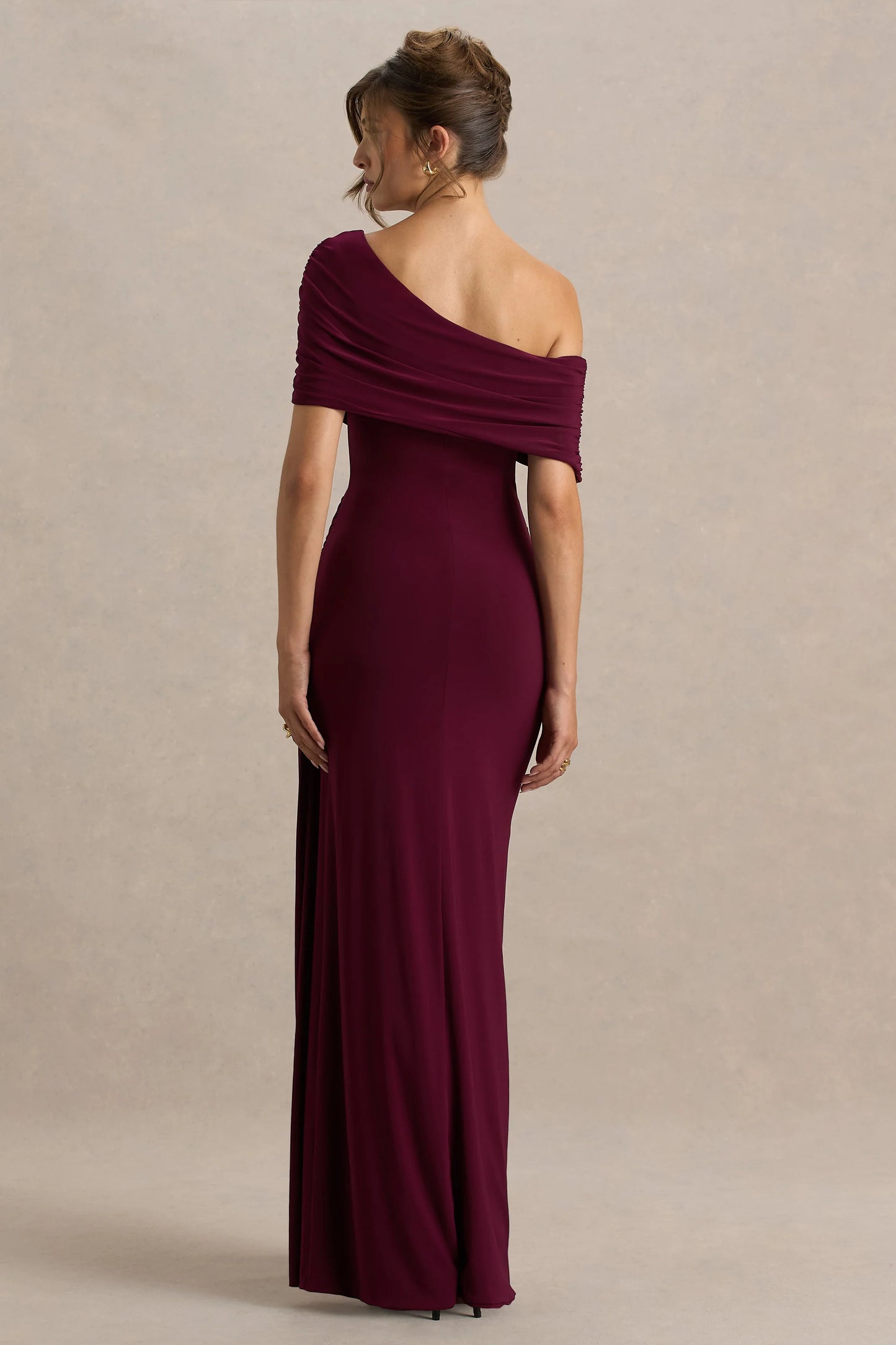 Dynasty Burgundy Asymmetric-Neck Maxi Dress With Ruched Detailing And Front High-Split