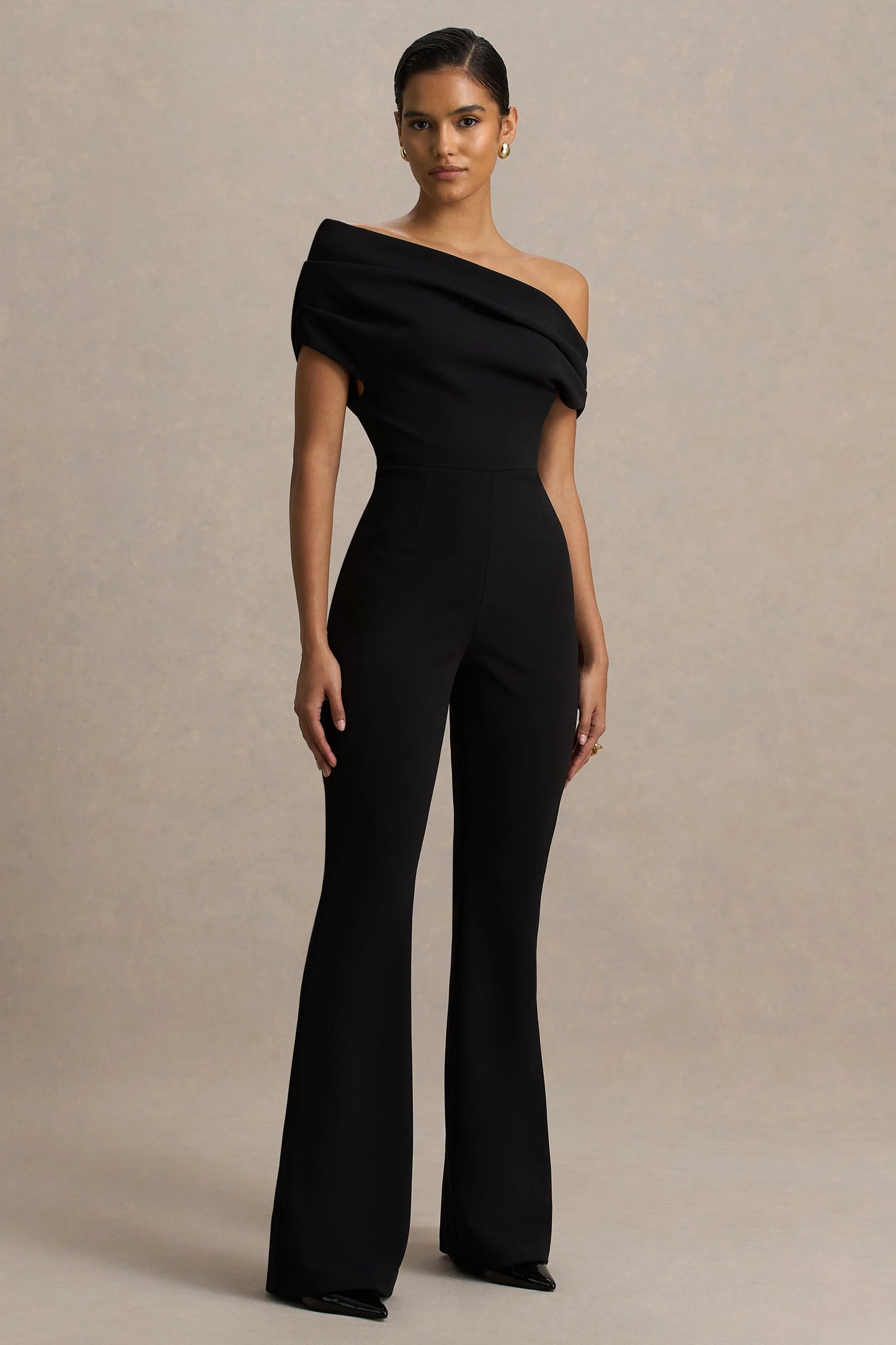 Alexandra Black Asymmetric-Neck Draped Jumpsuit