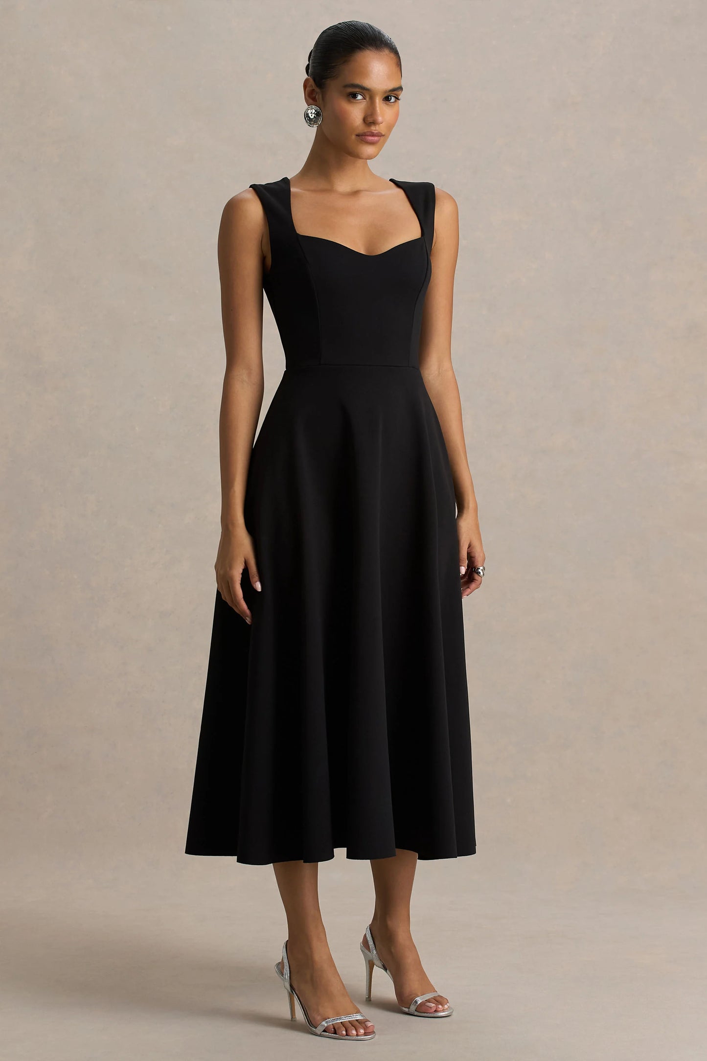 Andromeda Black Sweetheart-Neck Midi Dress