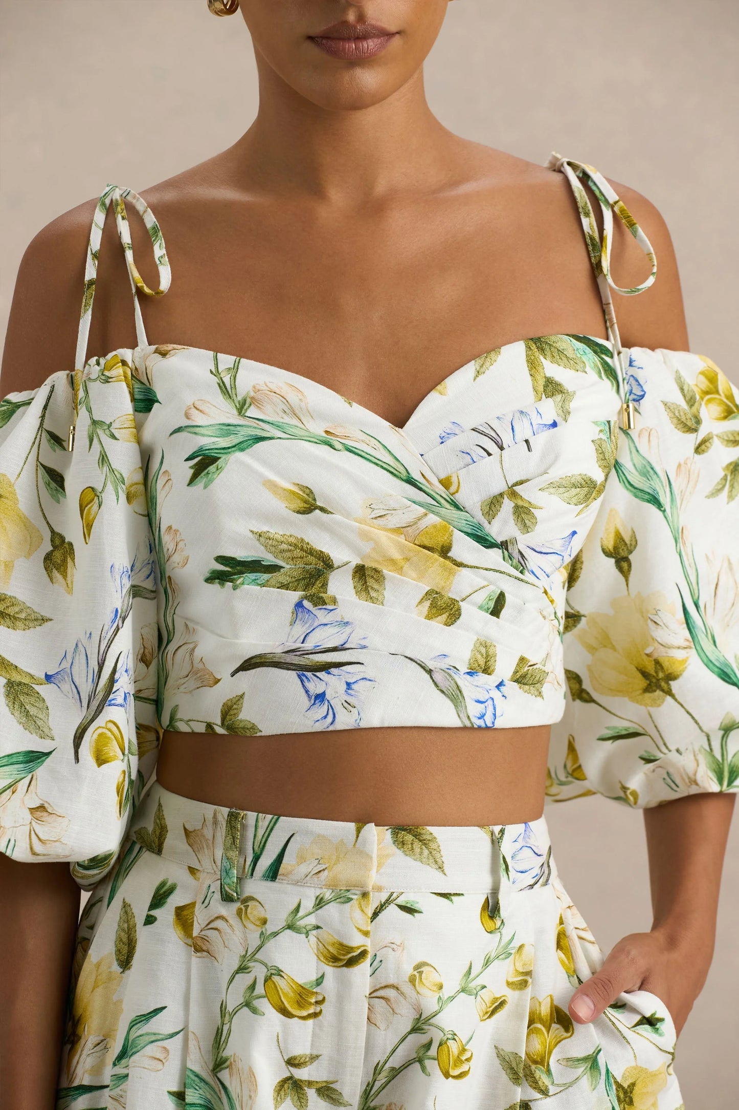 Amberly Lemon Floral Print Plunge-Neck Ruffled Crop Top