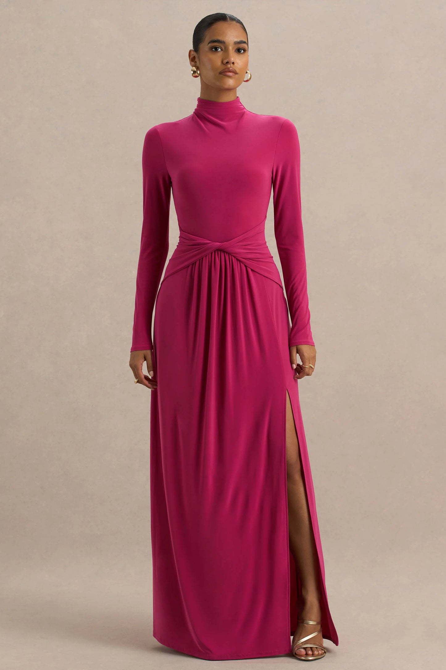 Hourglass Hot Pink Long-Sleeve Twisted Maxi Dress With Split