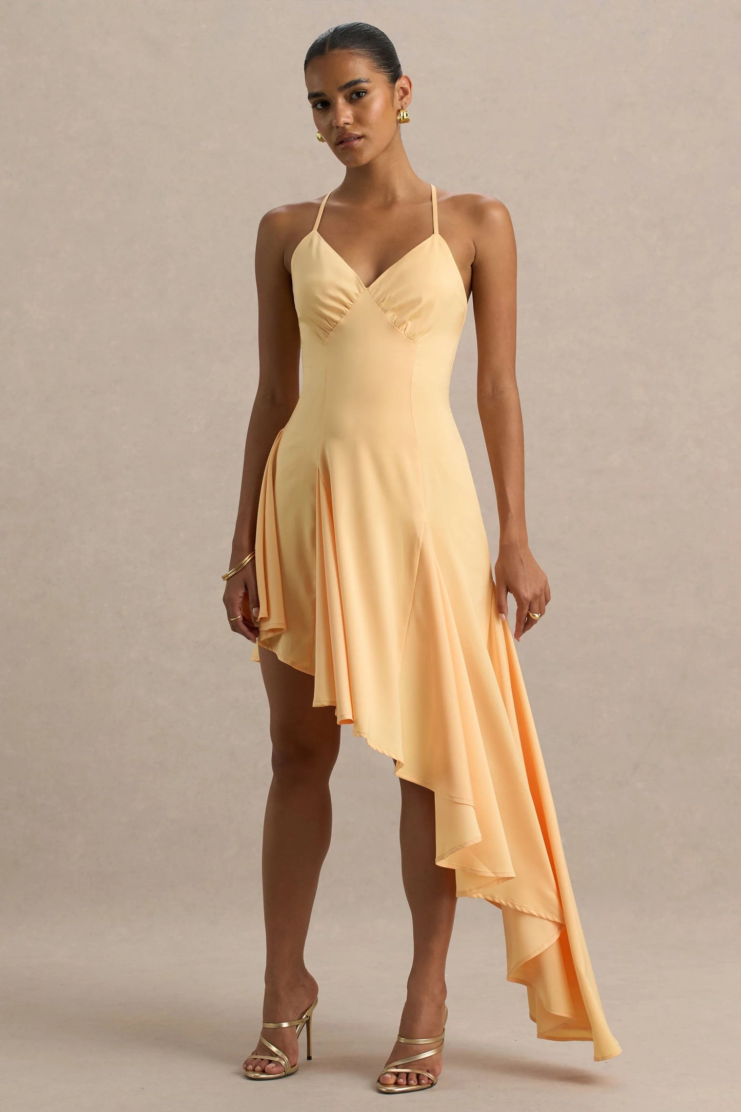 Glint Peach Satin Plunge-Neck Maxi Dress With Asymmetric Hem