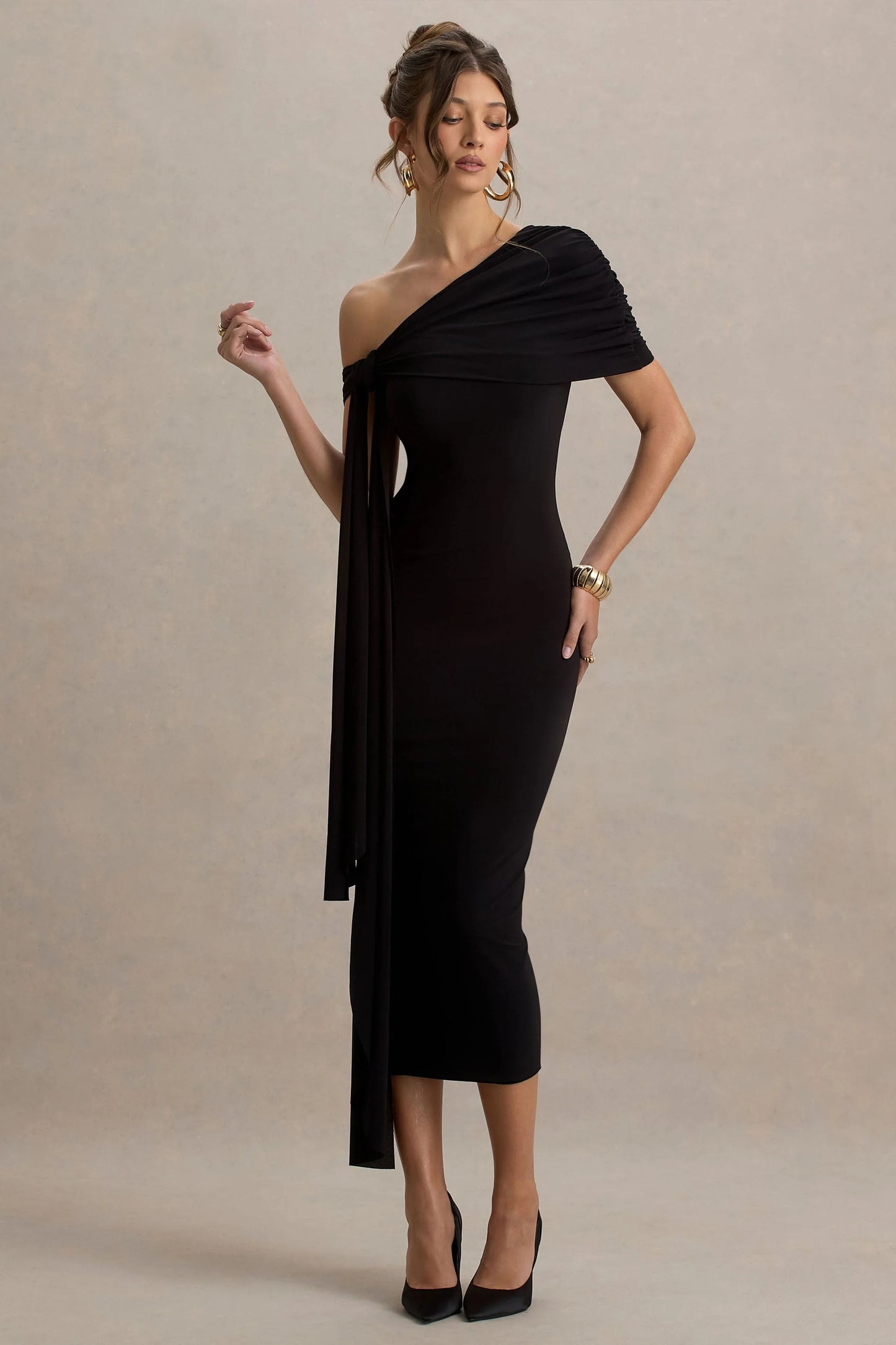 Praia Black Asymmetric-Neck Maxi Dress With Sash and Draped Detailing
