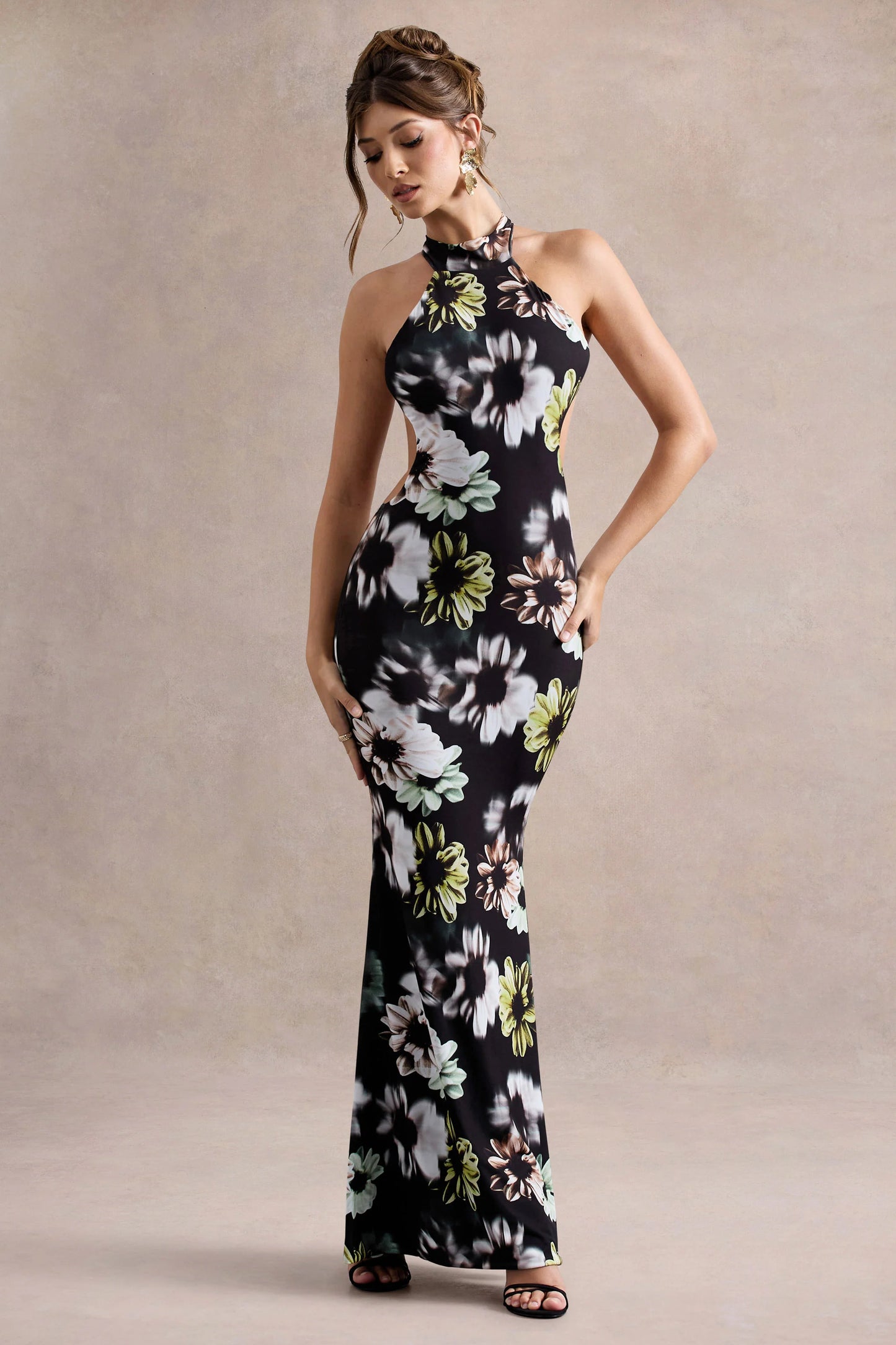 Tuscany Black Floral Print Halter-Neck Split Maxi Dress