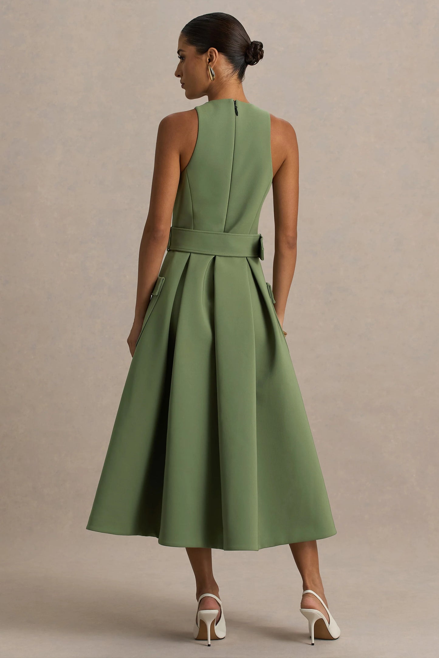 Elisia Olive Crew-Neck Belted Midi Dress