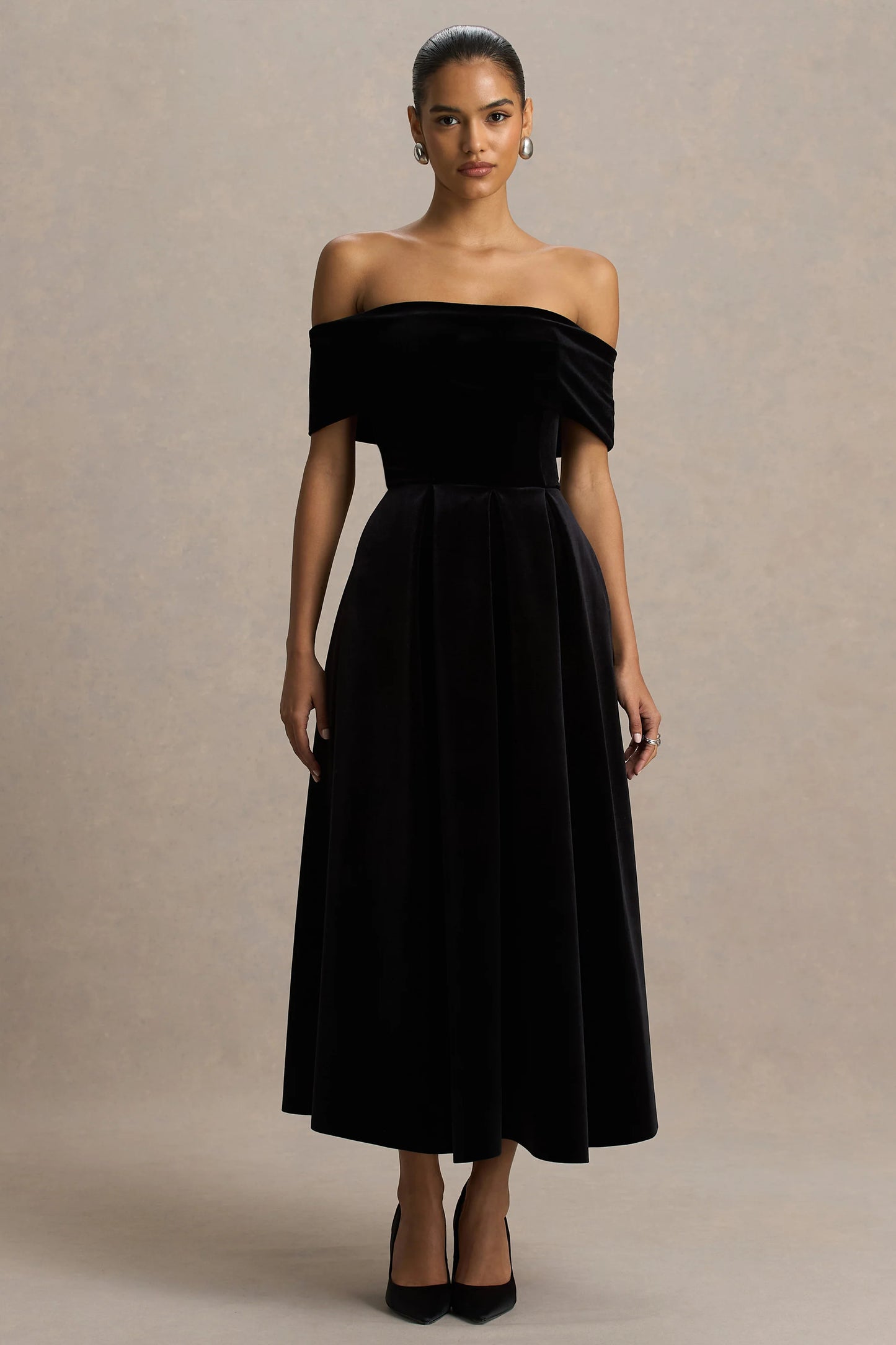 Ablaze Black Velvet Bardot-Neck Midi Dress