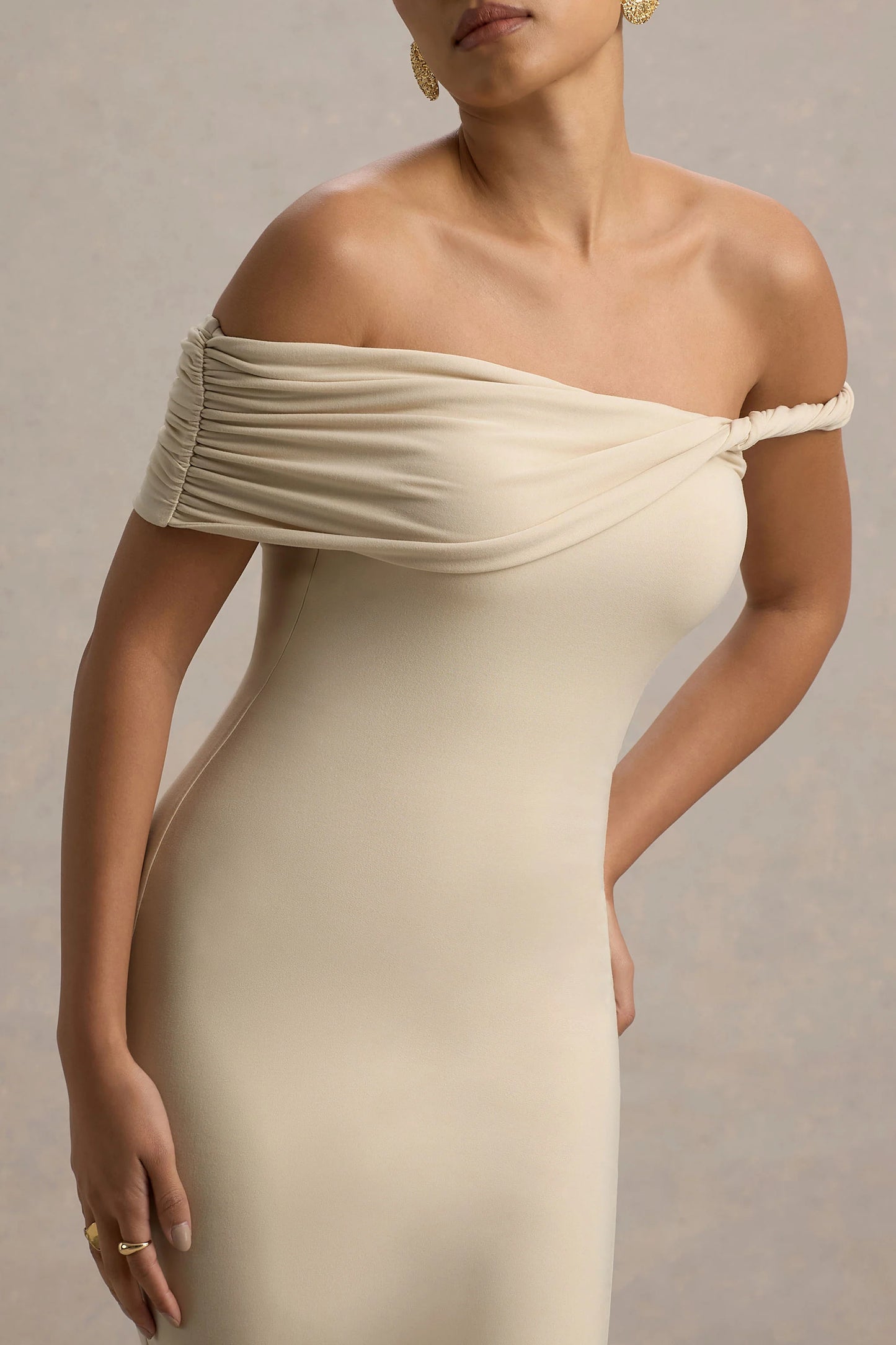 Skye Sand Twisted Bardot Midi Dress