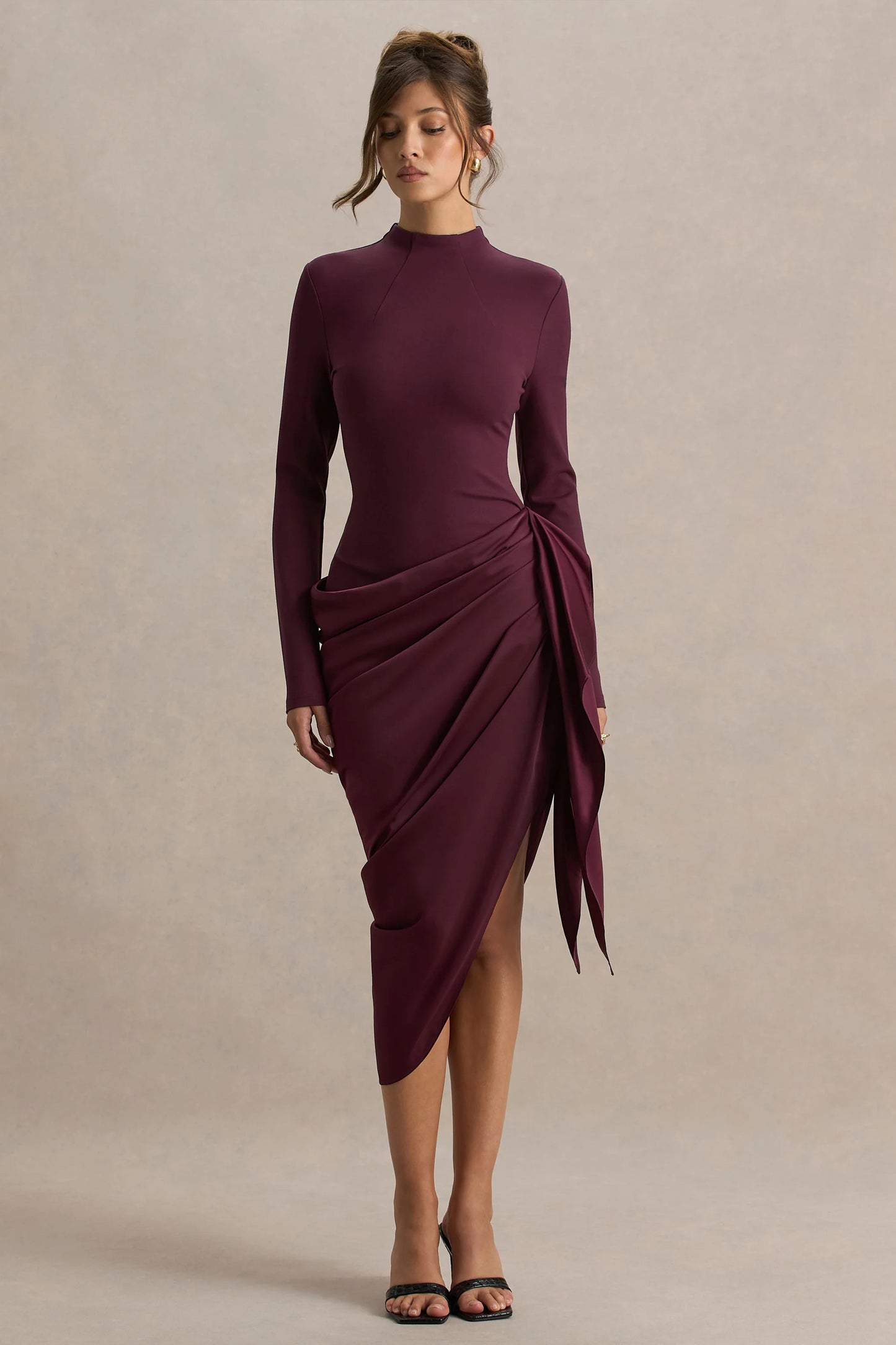 Raffie Plum Long-Sleeve Midi Dress With Satin Wrap Skirt