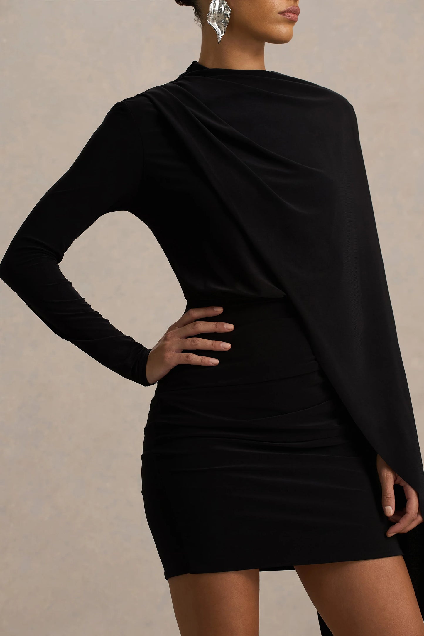 Celeste Black Long-Sleeve Mini Dress With Cape Sleeve