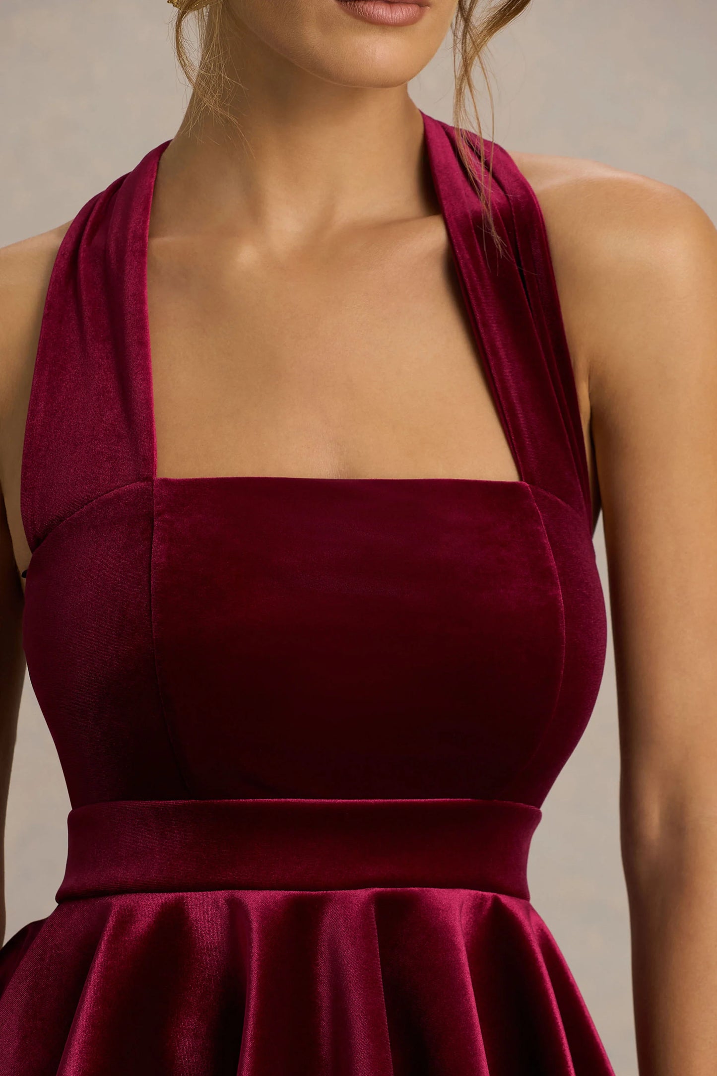 Mirage Burgundy Velvet Halter-Neck Mini Dress With Skater-Skirt