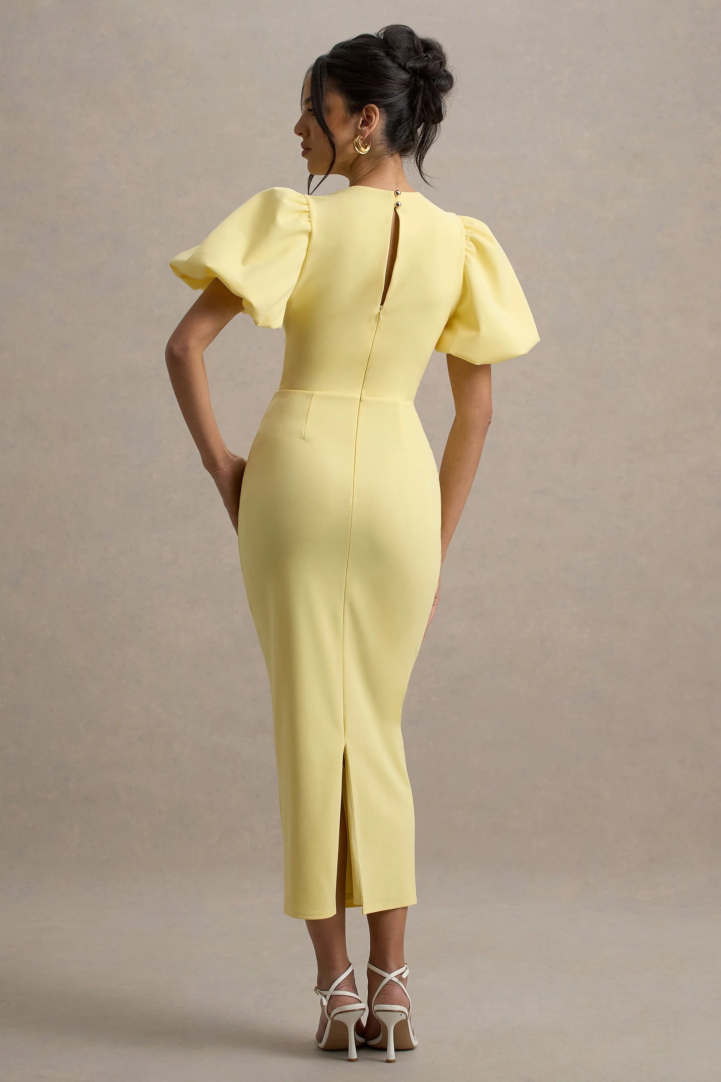 Dakota Lemon Puff-Sleeve Midi Dress