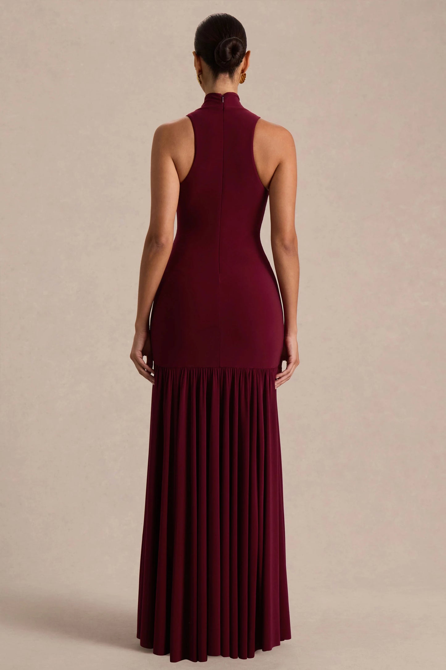 Tasmin Burgundy High-Neck Maxi Dress With Drop-Waist