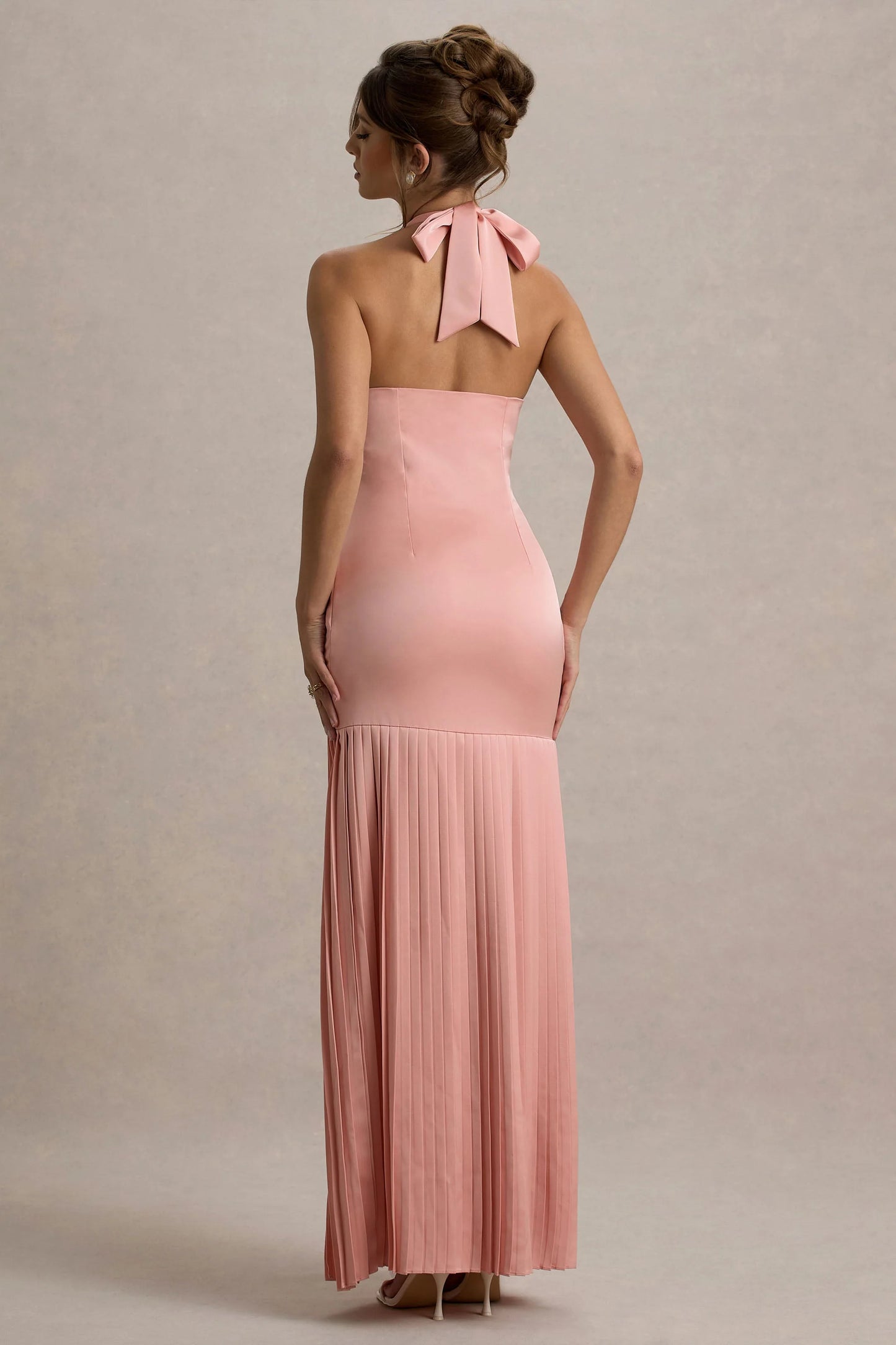 Sansa Light Pink Satin Cross Halter-Neck Plisse Maxi Dress