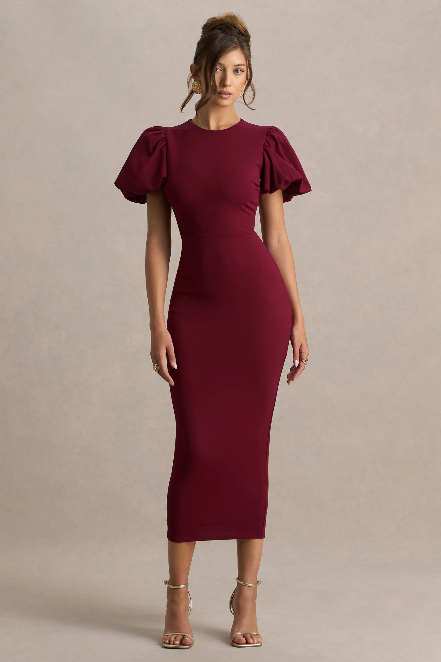Dakota Burgundy Puff-Sleeve Midi Dress