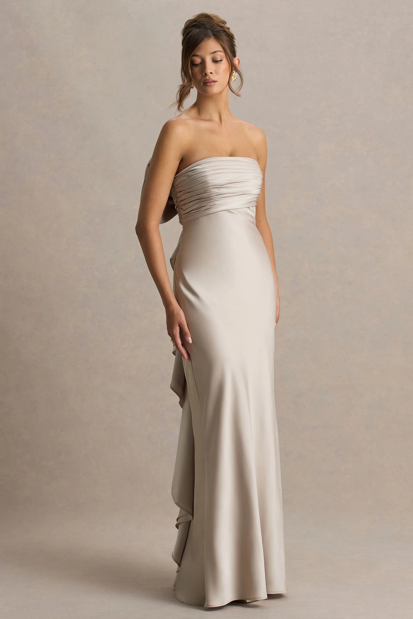 Talulla Champagne Satin Bandeau Maxi Dress With Ruffled Detail