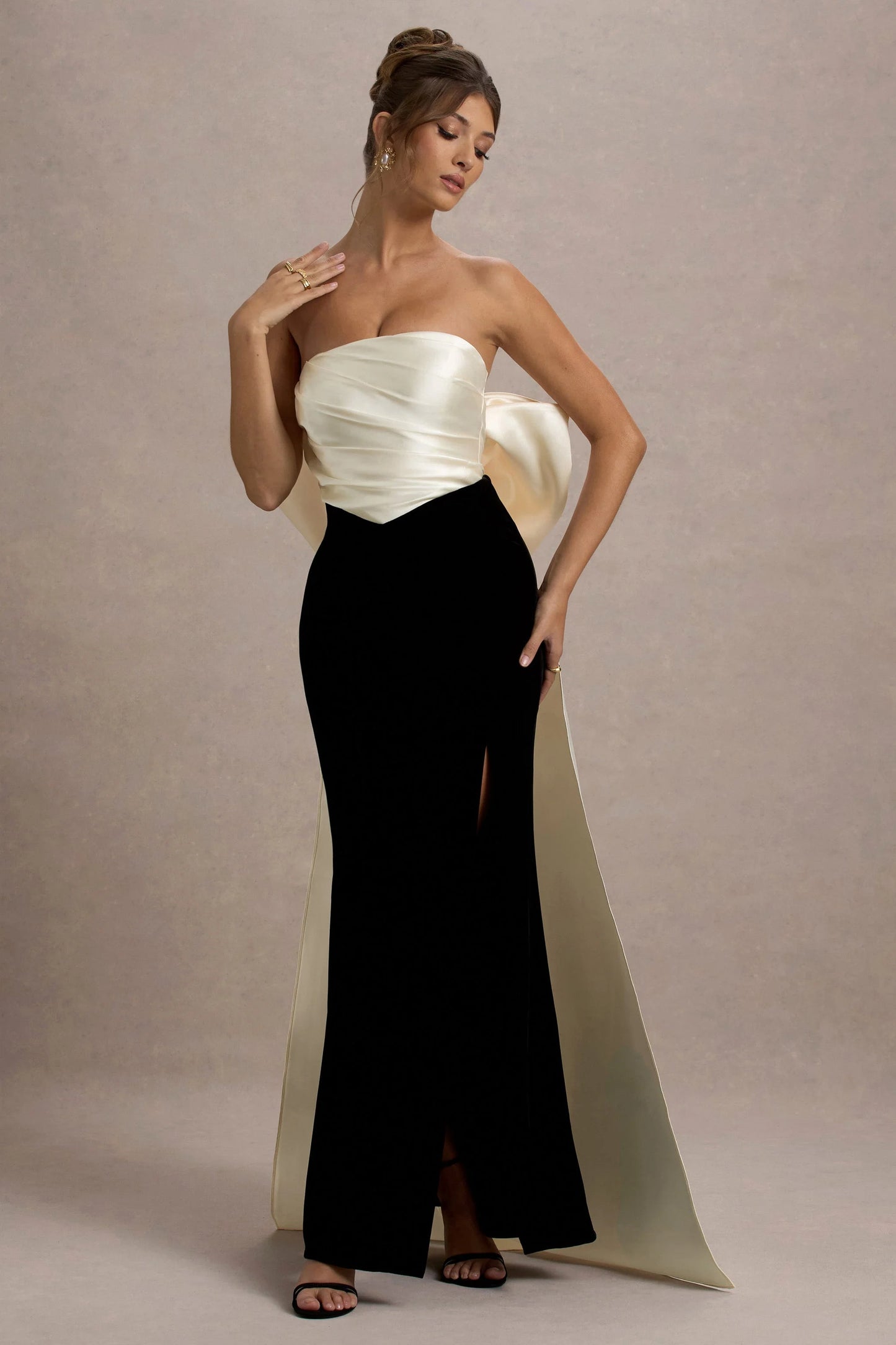 Take A Bow Black & Cream Velvet Strapless Maxi Dress With Oversized Bow