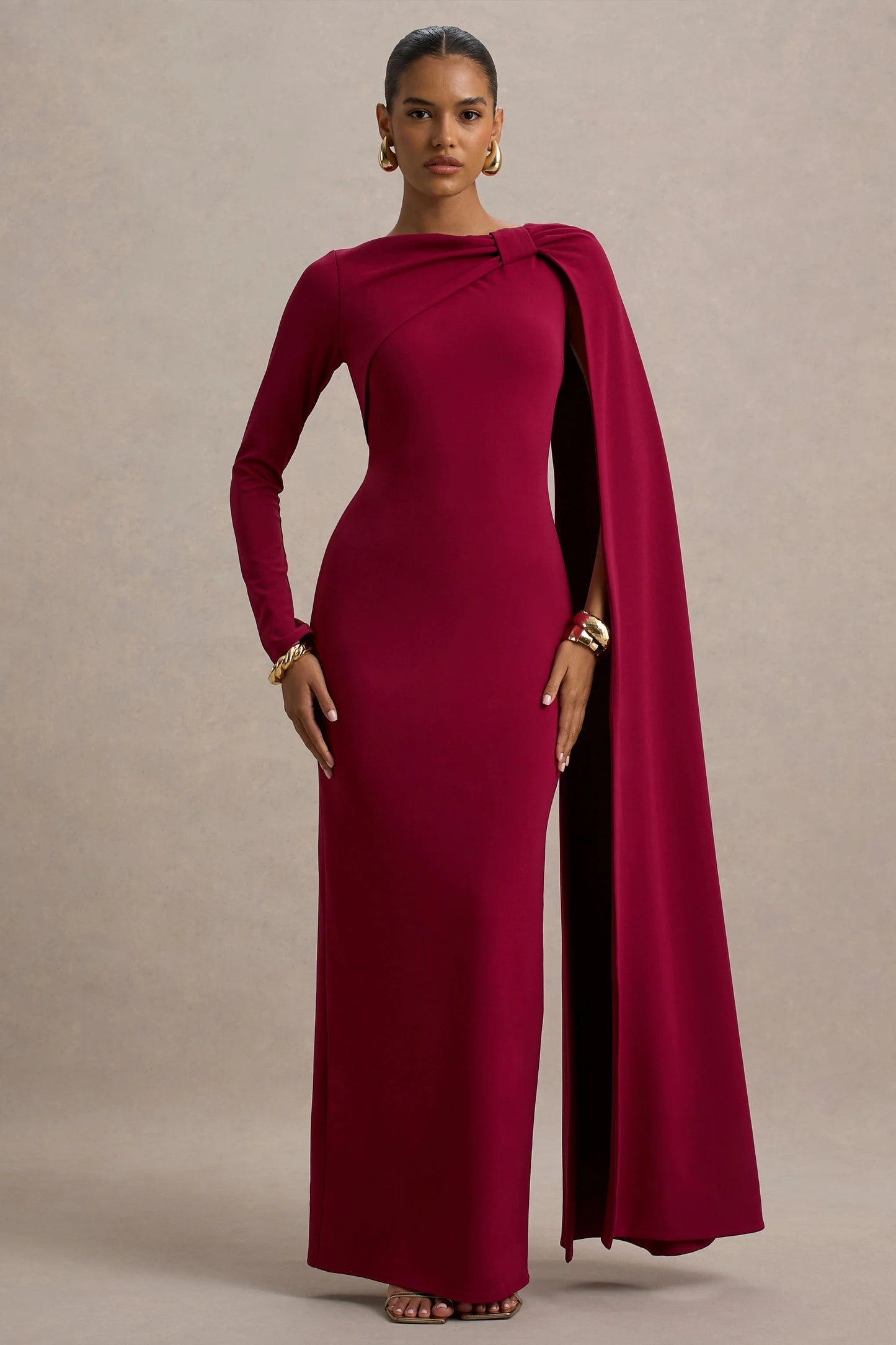 Frances Burgundy High-Neck Maxi Dress With Cape Detail