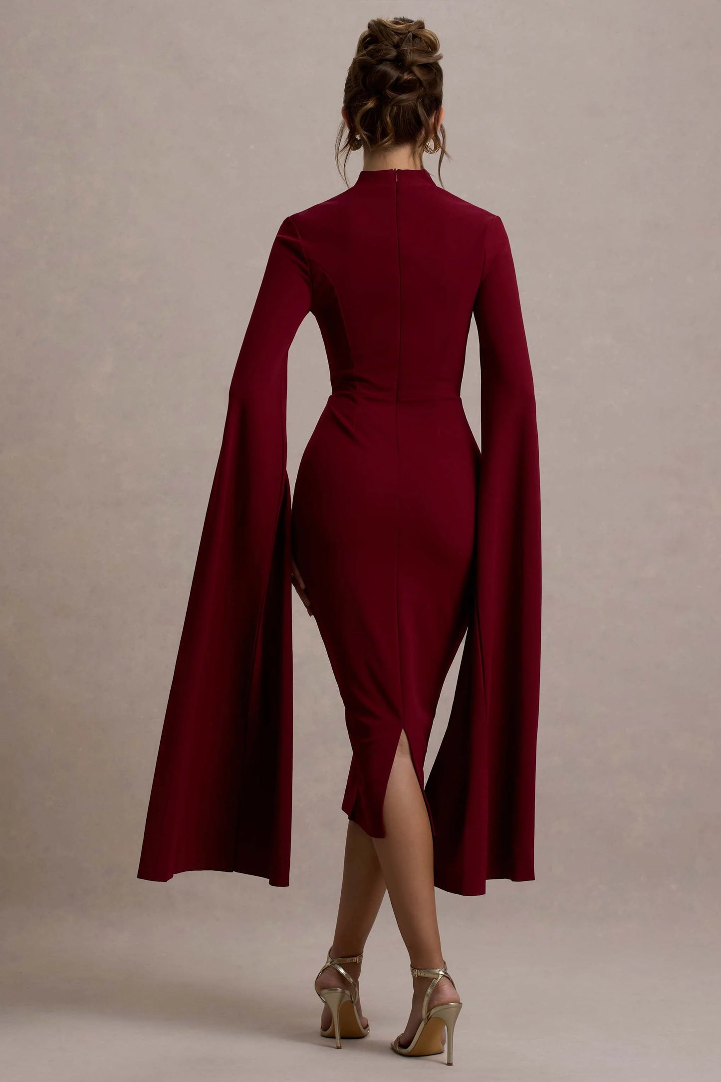 Linden Berry Bodycon Cape-Sleeve Midi Dress