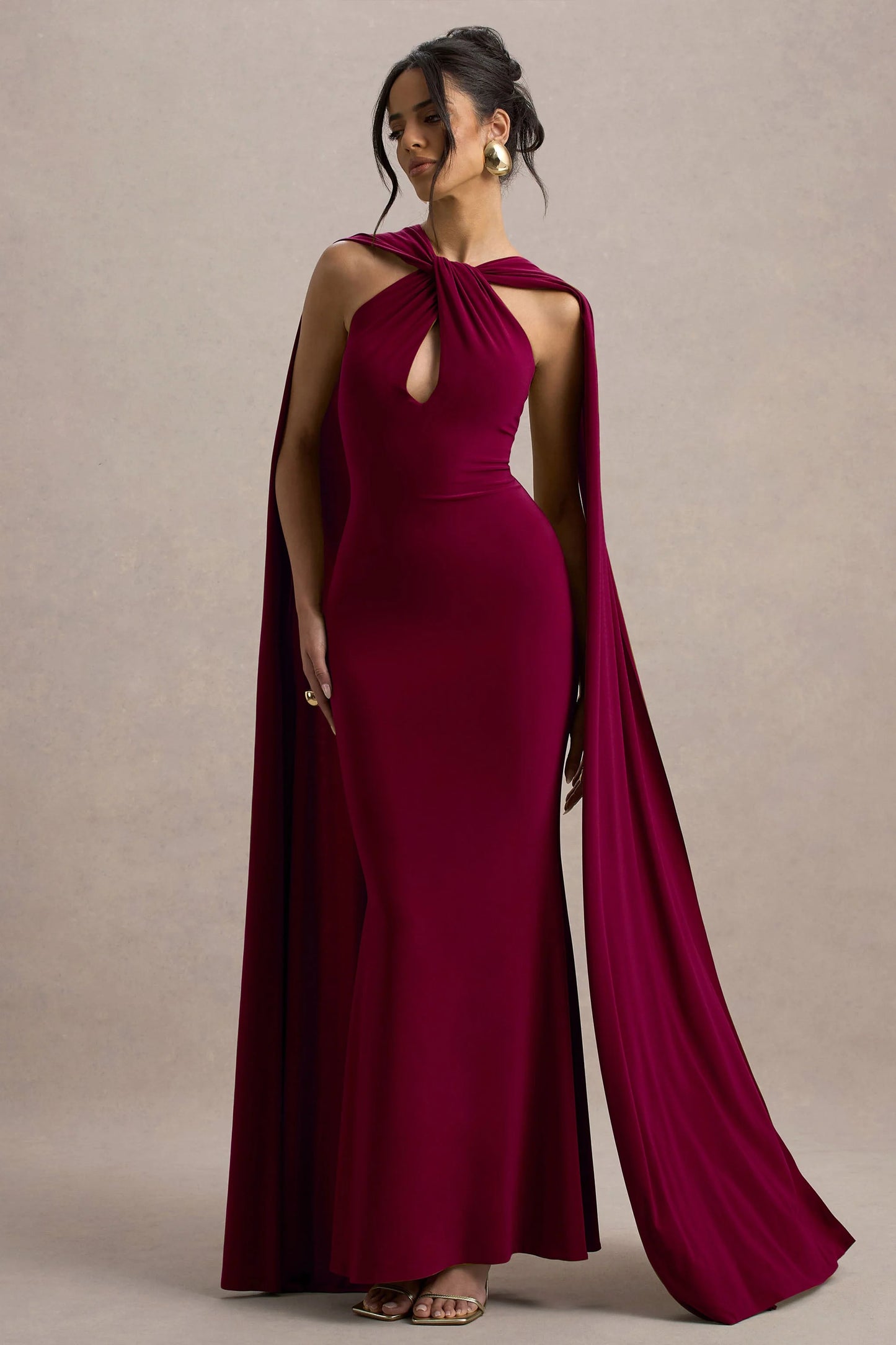 Rhoda Burgundy Twist Halter-Neck Cape Maxi Dress