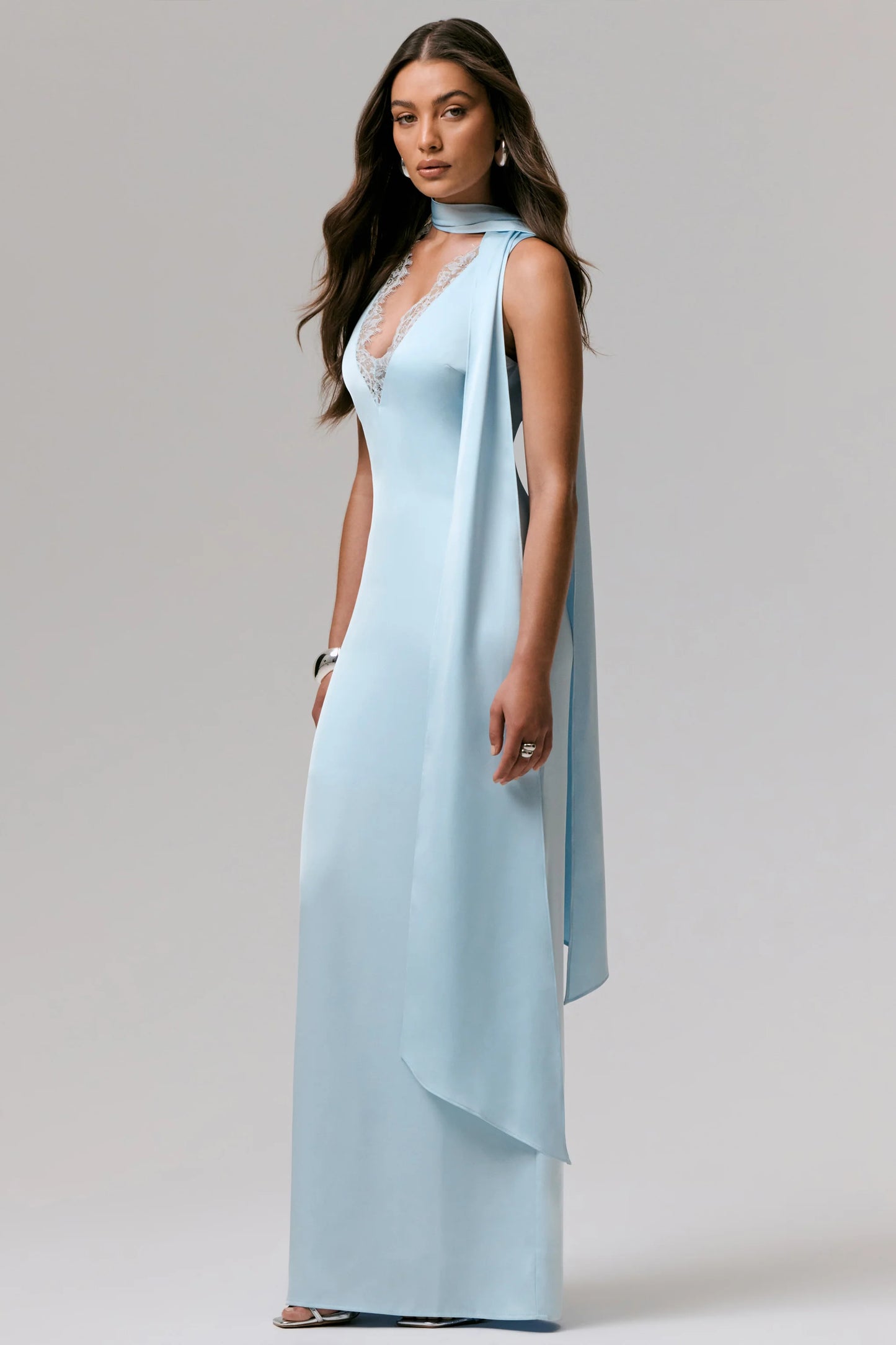 True Icon Powder Blue Satin V-Neck Maxi Slip Dress With Sash
