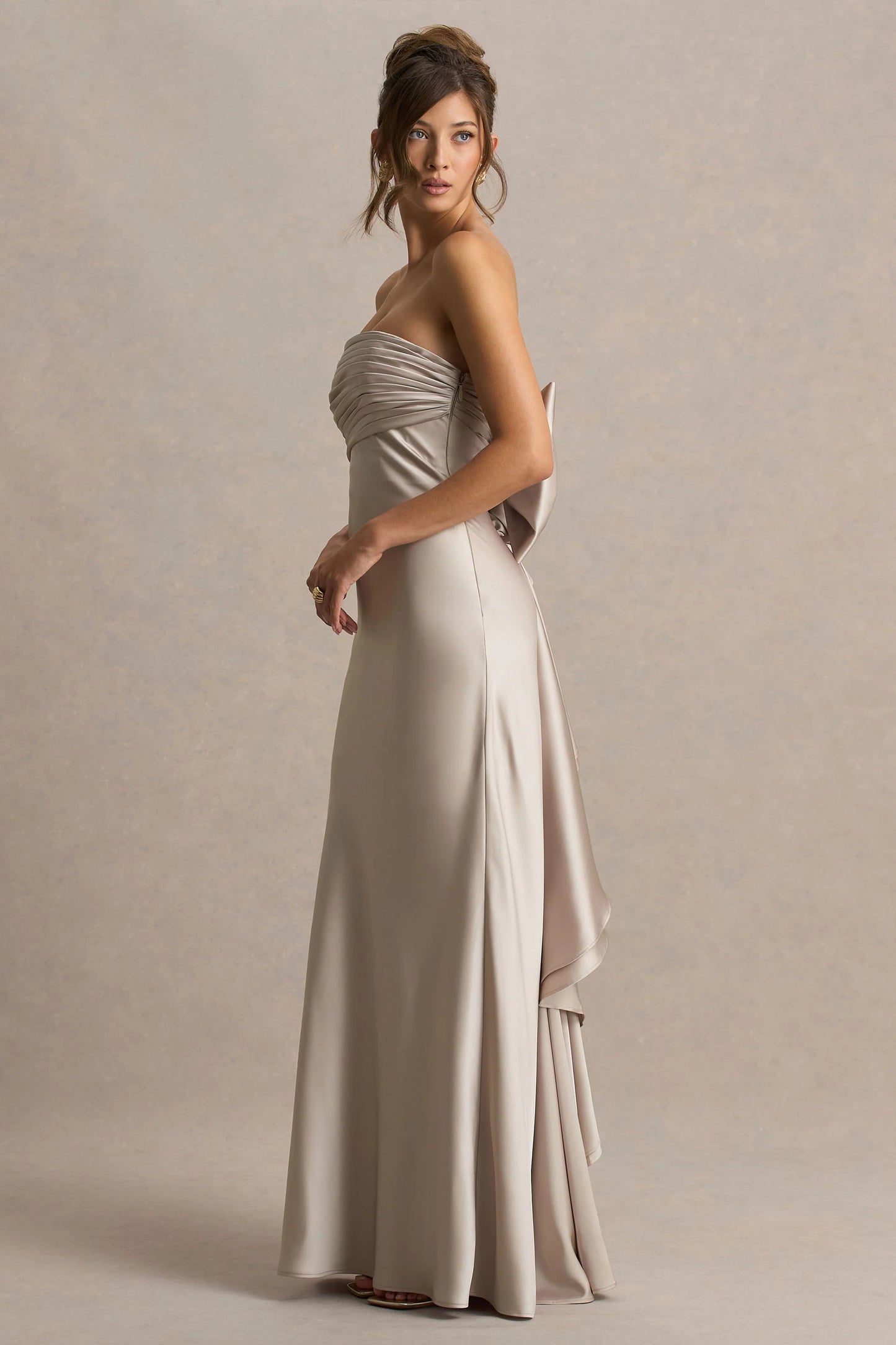 Talulla Champagne Satin Bandeau Maxi Dress With Ruffled Detail
