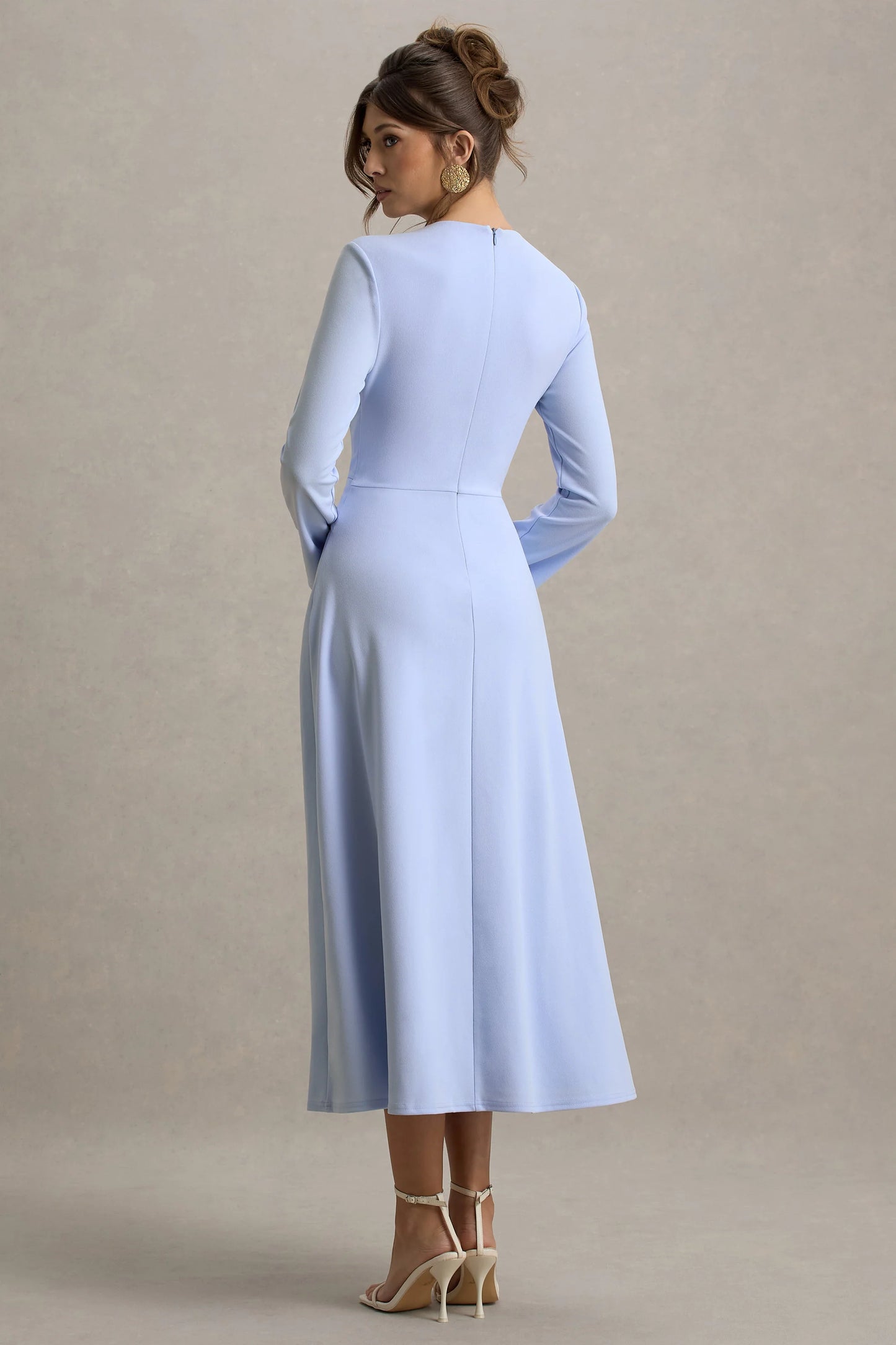 Cassiopeia Light Blue Long-Sleeve Midi Dress With Cross Waist