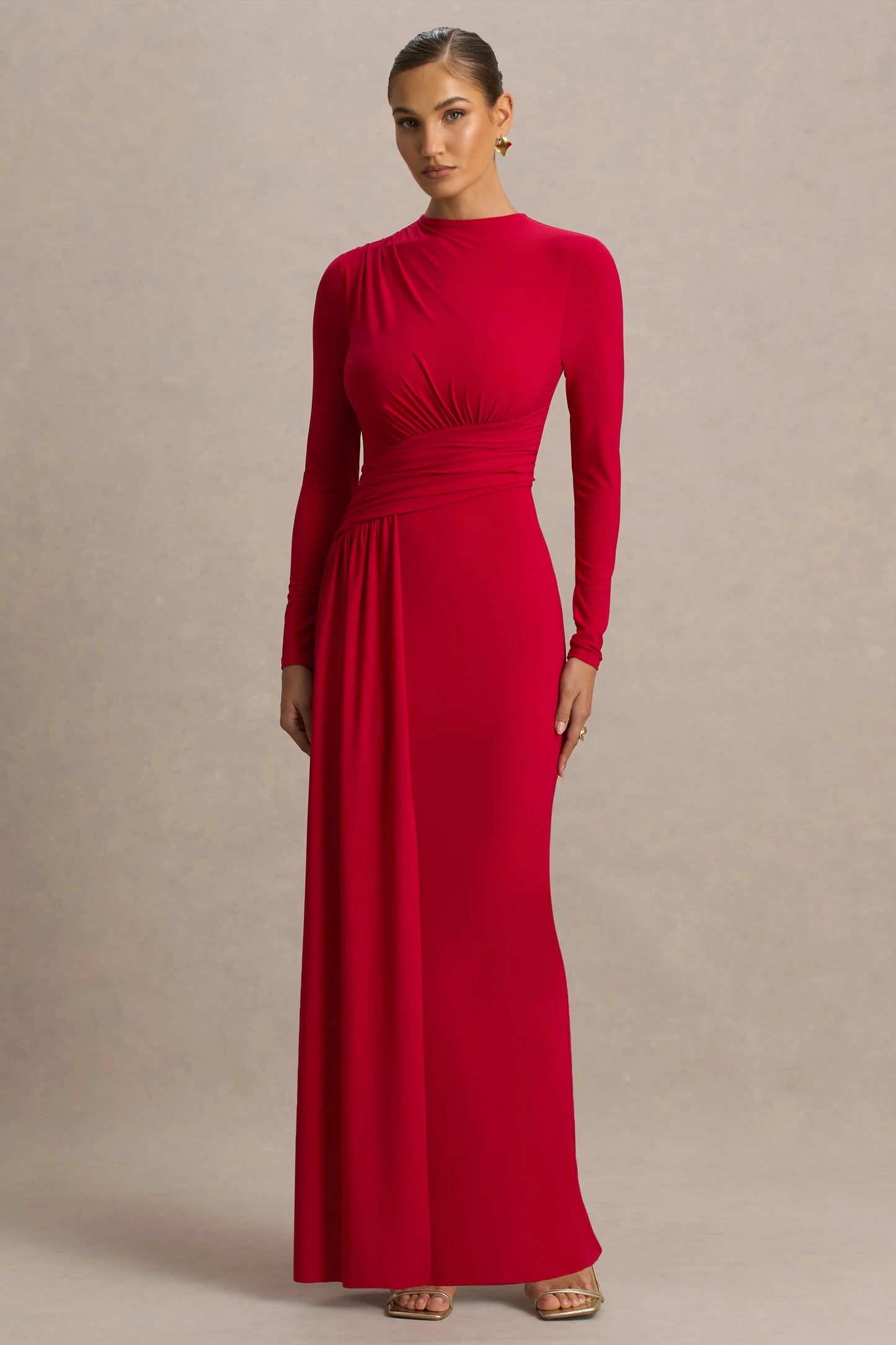 Virelle Red Boat-Neck Maxi Dress With Wrap Detail And Sash