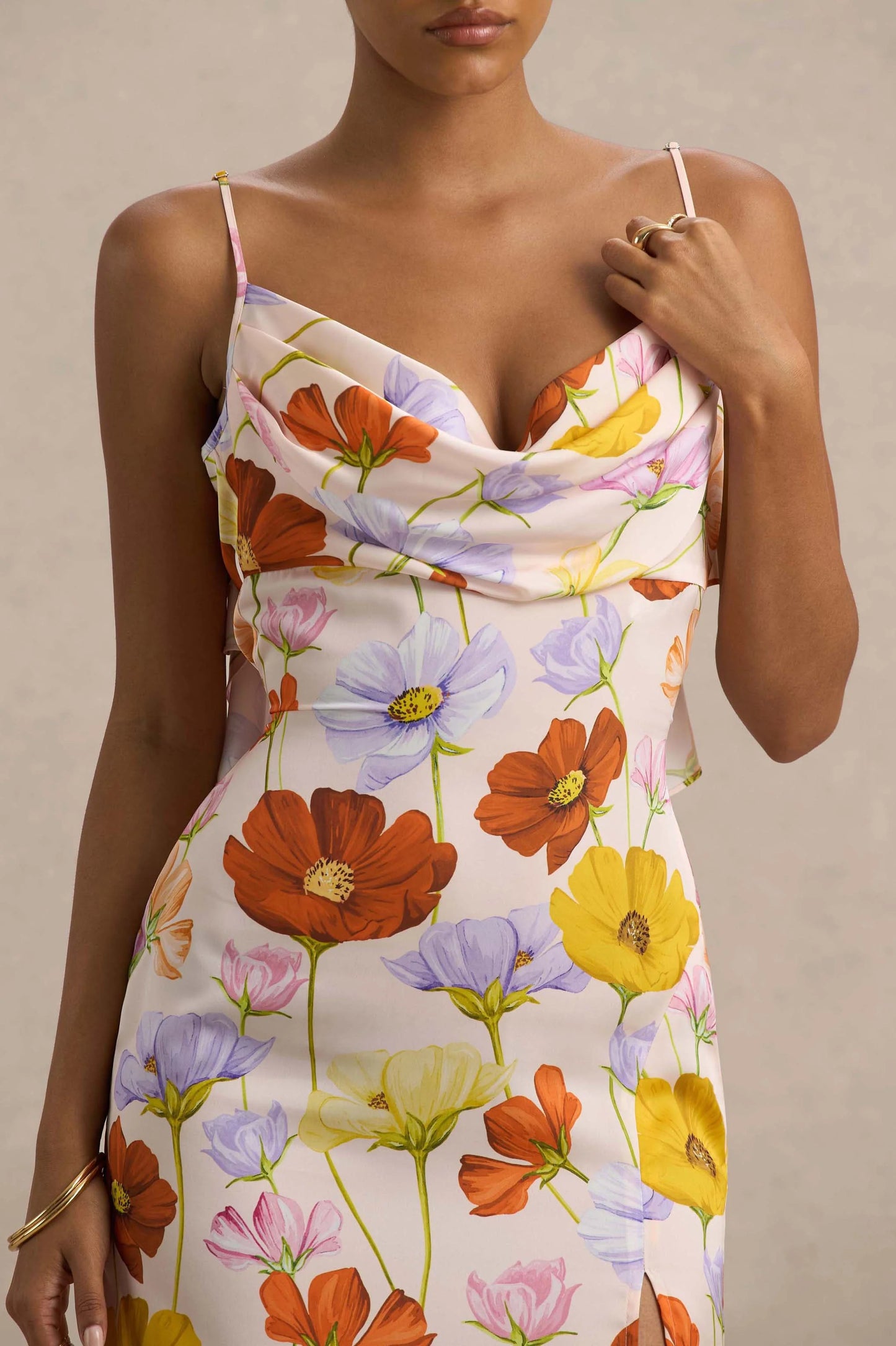 Thames Bright Floral Print Satin Cowl-Neck Maxi Dress