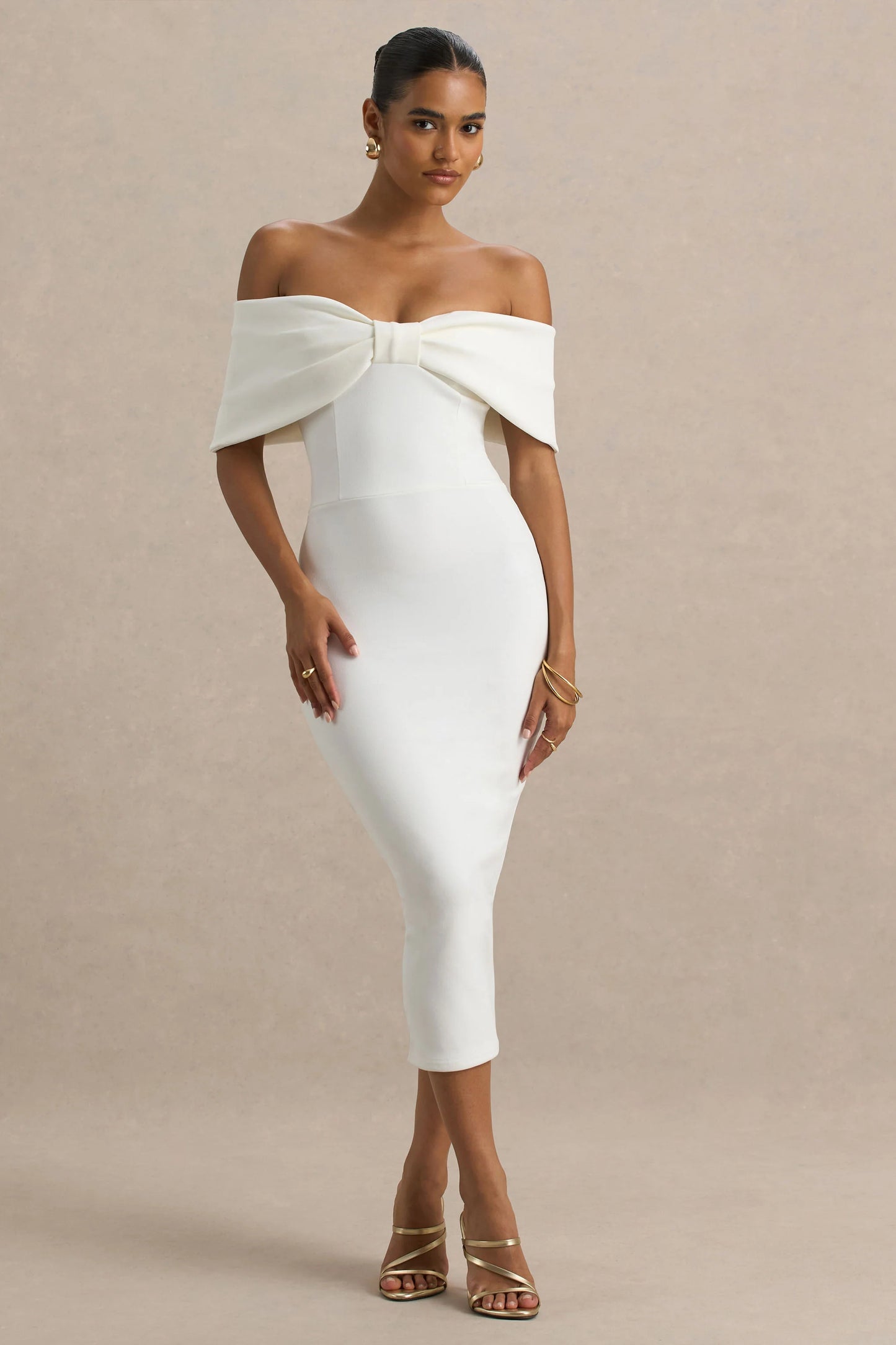 Bayshore White Bow Bardot Midi Dress