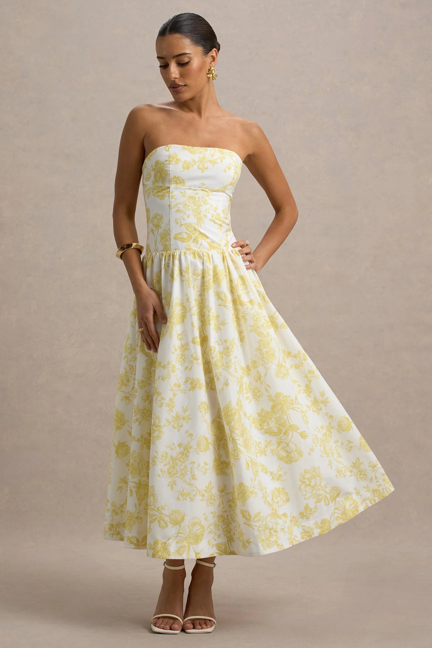 Bluebell Lemon Porcelain Print Poplin Bandeau Drop-Waist Midi Dress